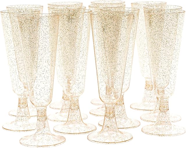 Matana - 100 Premium Multi-use Plastic Gold Glitter Champagne Glass Flutes for Wedding Anniversary Birthday Party - 150ml