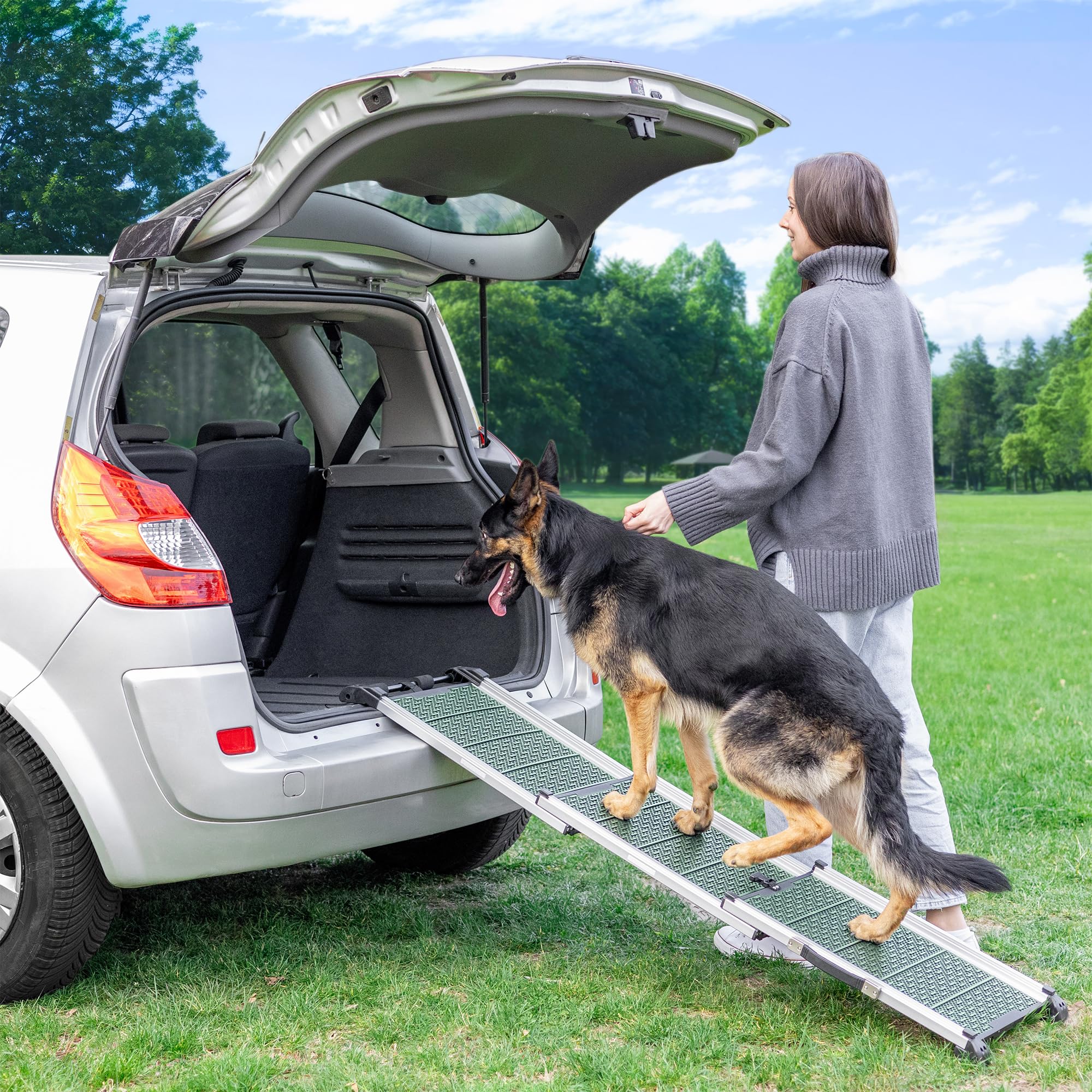 Samochodowa rampa dla psów składana – stabilna i antypoślizgowa drabina dla psów do samochodu i SUV-a, obciążenie do 90 kg, teleskopowa, aluminiowa rampa dla dużych psów, odblaskowe boki, schody dla
