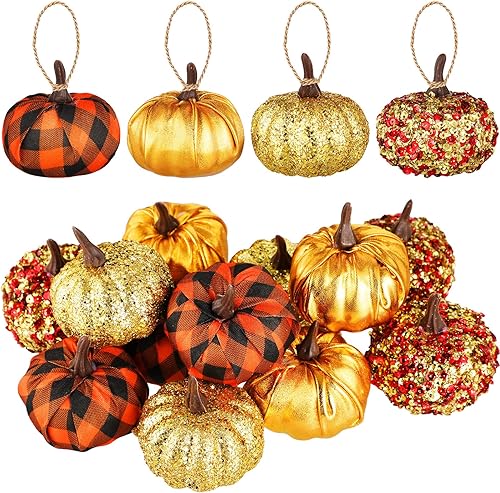 Sotiff Adornos para árbol de Acción de Gracias, adornos colgantes de calabaza de Navidad, bola de espuma con purpurina, envuelta en tela, pequeñas