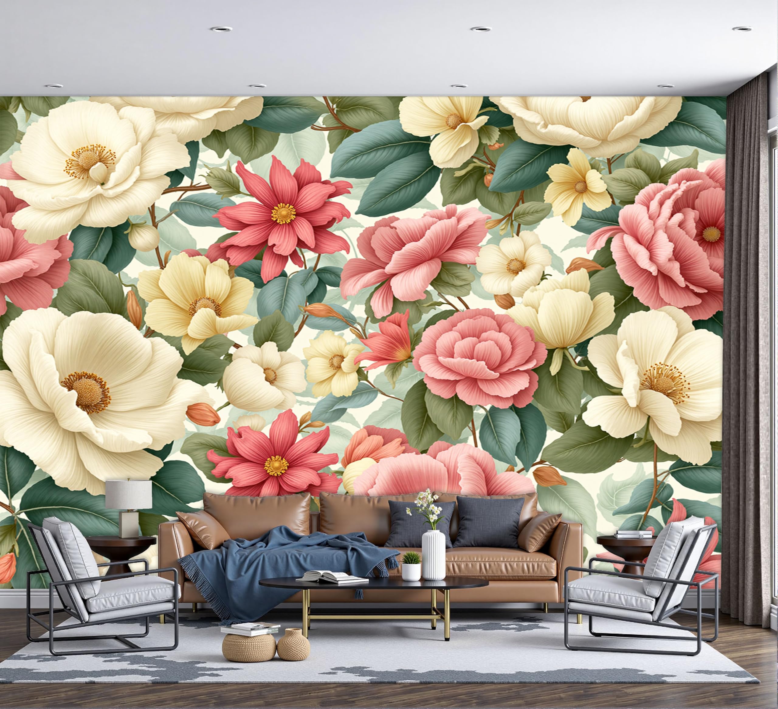 Papier peint fleurs vertes de pivoine murales pour grand salon cosy