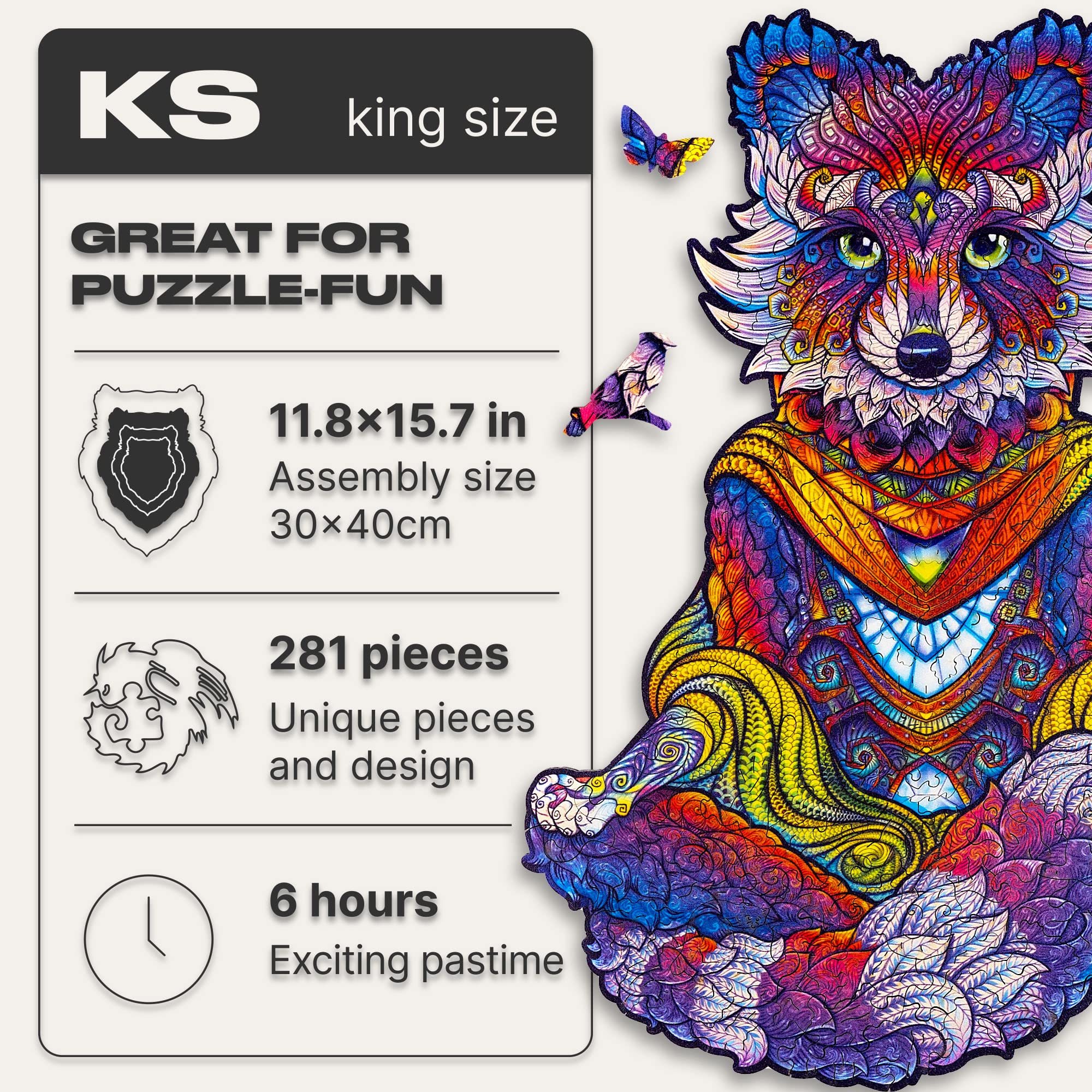 UNIDRAGON Original Wooden Puzzle – Emancipatory Raccoon, 281 Pieces, Large Size 30 x 40 cm, Beautiful Gift Packaging, Unique Shape, Best Gift for Adults