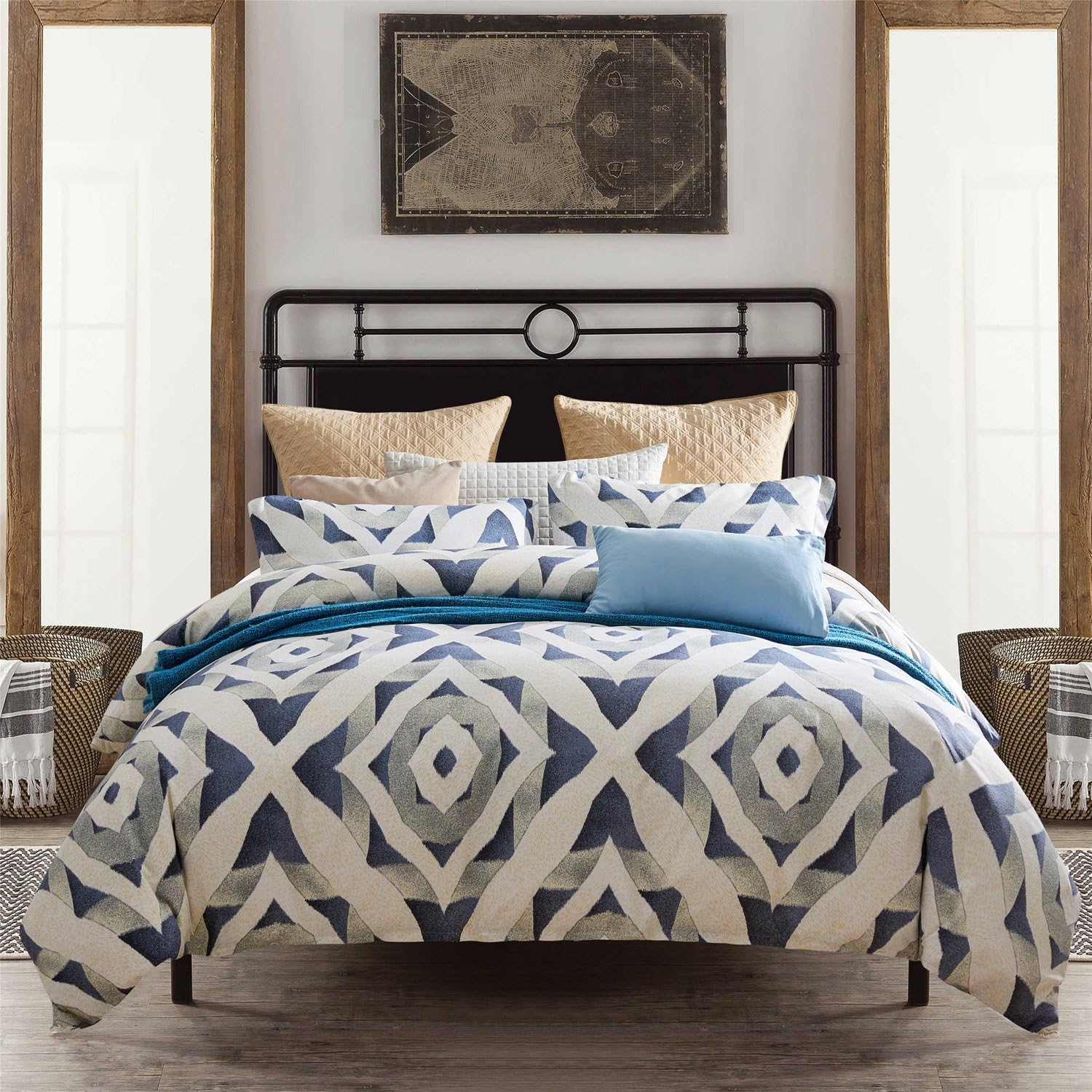 Navy Blue, Micro, 3 Pieces(1 Cover+2 Pillow Shams),Queen Size, White, Geometric Pattern Duvet Bedding Set, 1500 Thread Count Super Soft Microfiber with 4 Corner Ties, Zipp