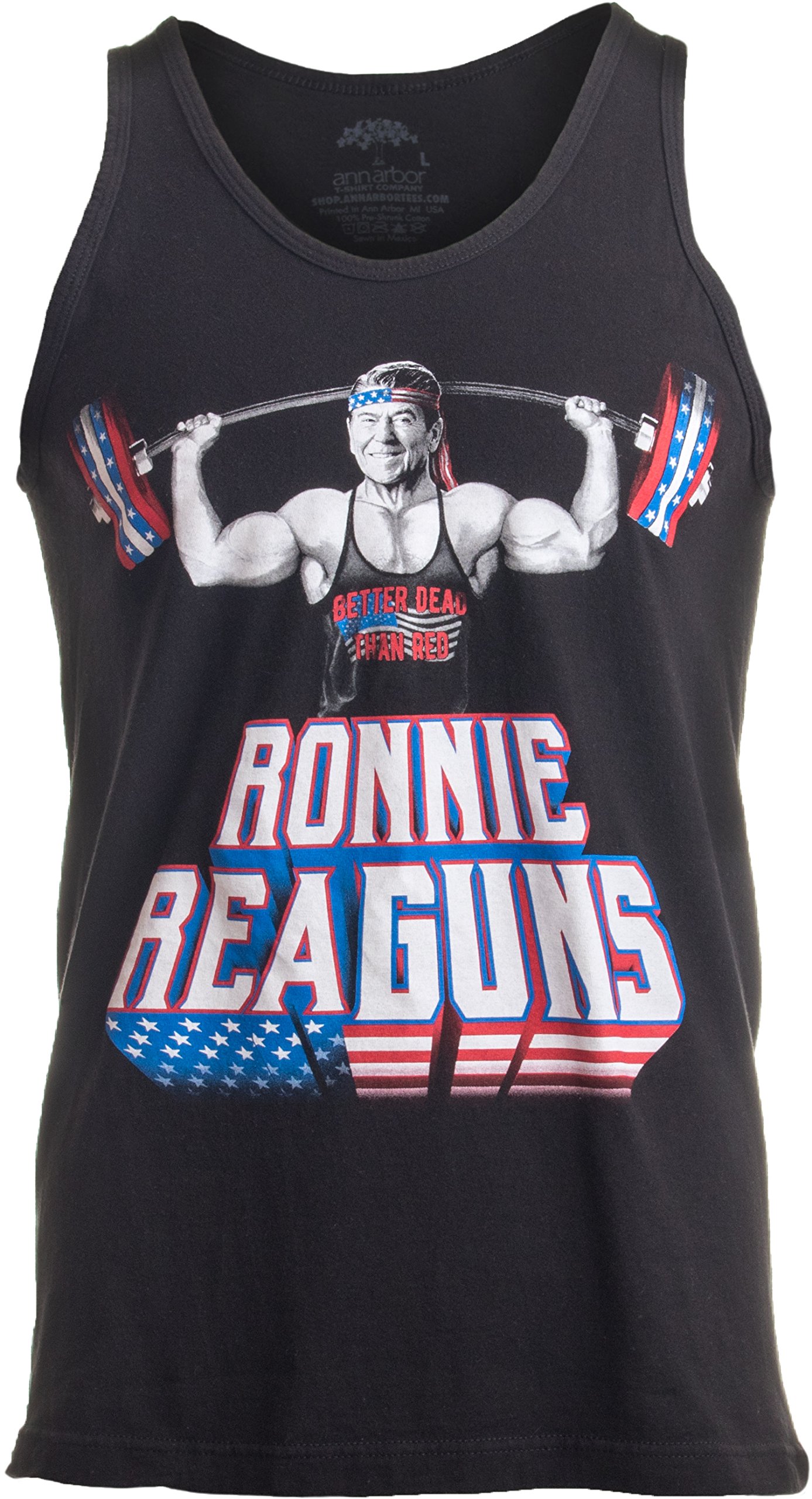 Ann Arbor T-shirt Co. Ronnie ReaGUNS | Funny Ronald Reagan Weight Lifting Workout Merica USA Tank Top-(Adult,M) Black