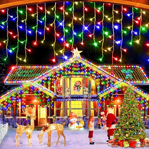 Christmas String Lights Outdoor - 640 LED 66 Feet 8 Modes Curtain Fairy Lights with 120 Drops, Plug-in Waterproof Timer Memory Function for Indoor Home Holiday Wedding Party Decorations, Multicolor