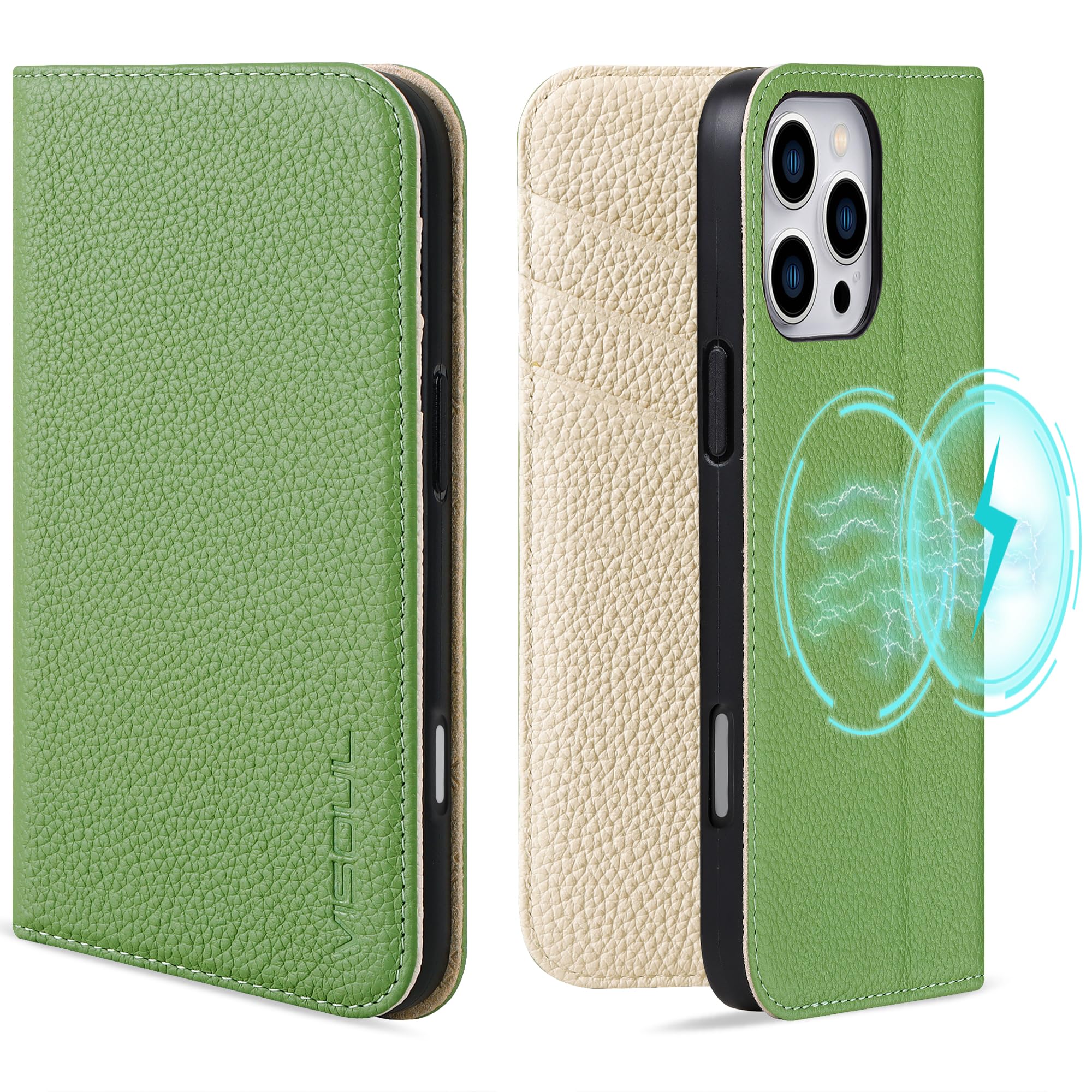 VISOULPebbled Real Leather Case for iPhone 16 Pro Wallet Case with Card Holders. Leather Wallet Case with Kickstand Shockproof Folio Case Compatible with iPhone 16 Pro (6.3")-Green+White