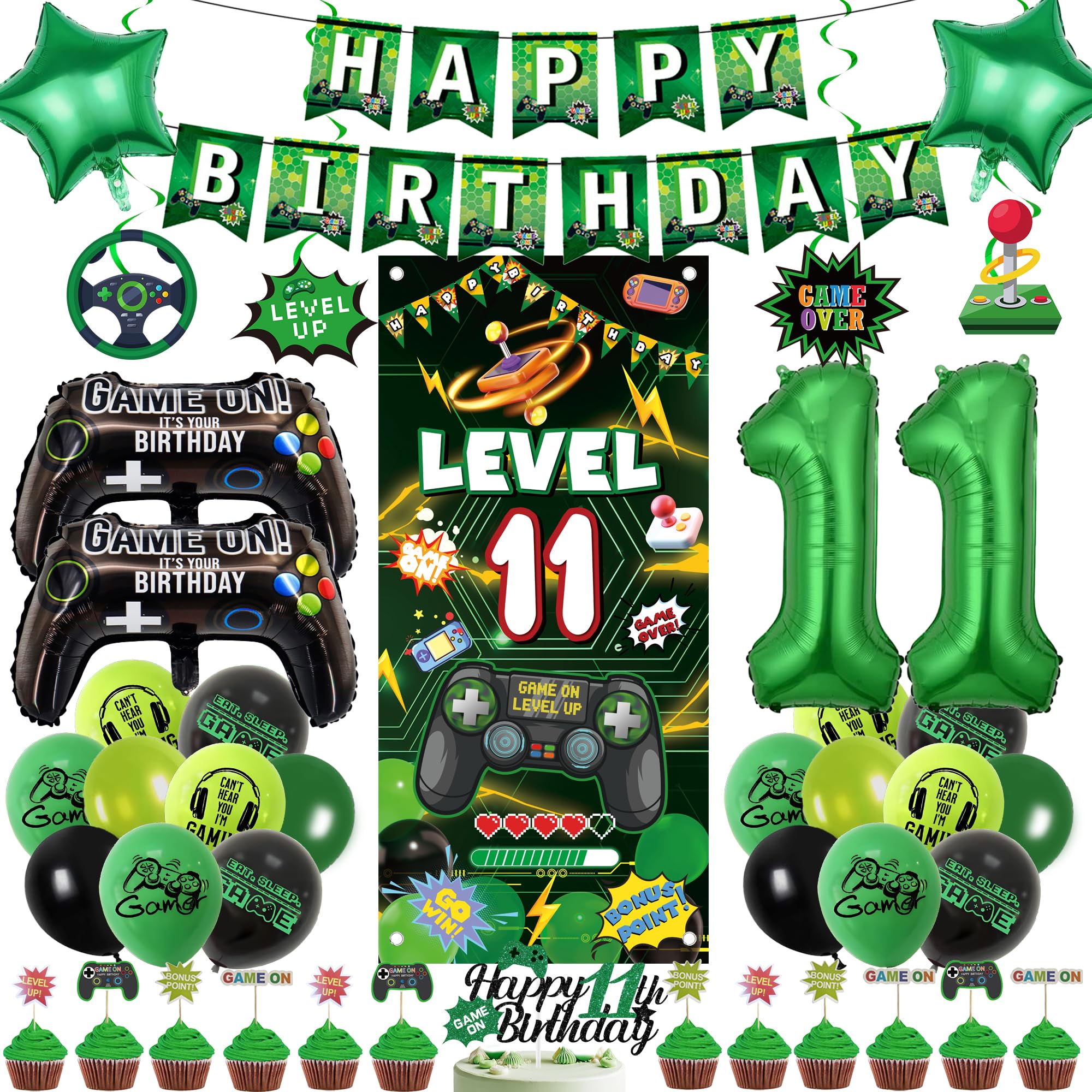 11th Birthday Decorations Video Game - 45 Pcs Green Gaming Birthday Decorations Including Banner, Number 11 Foil Balloon, Backdrop and Cake Toppers for 11 Years Old Party Supplies