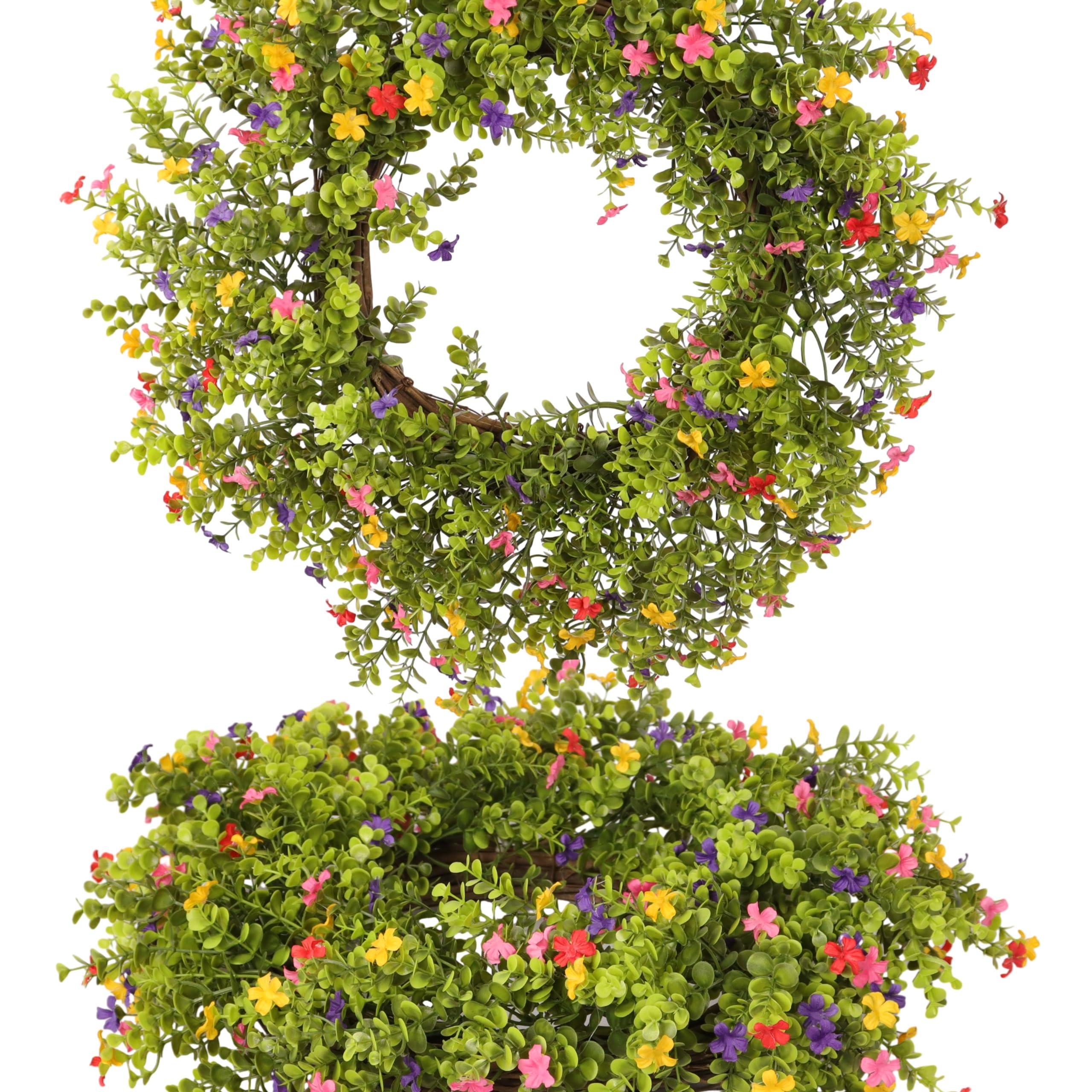 Zhemobang 20" Boxwood Wreath for Front Door – Lush Greenery Wreath with Colorful Flowers, Artificial Spring & Summer, Farmhouse Decor for Home,