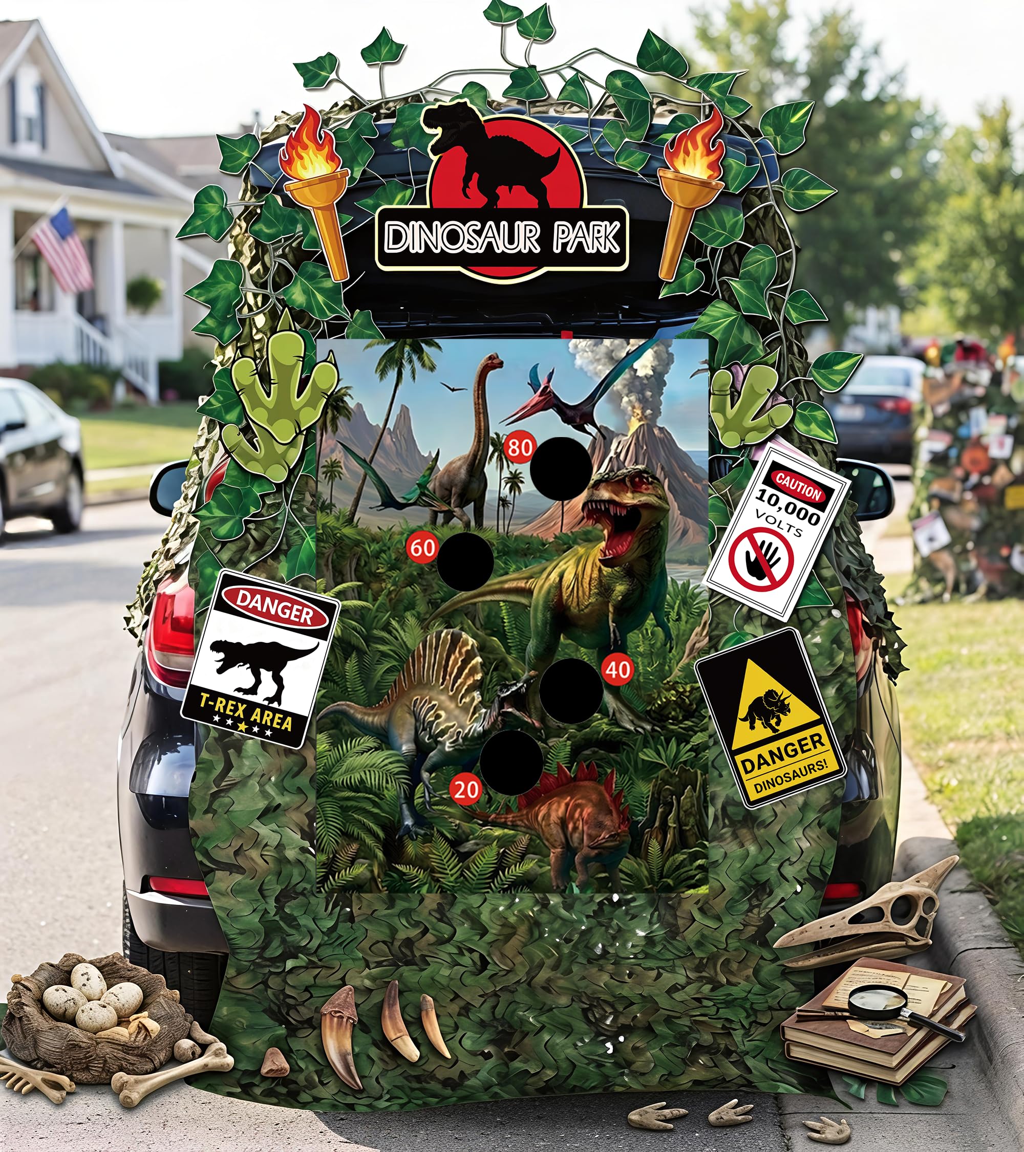 Seeiuua Halloween Dinosaur Game Trunk or Treat Car Decorations Kit for SUV，Trunk or Treat Car Archway Garage Decoration，Halloween Car Decorations Outdoor Arch Entrance Window Garage Decorations