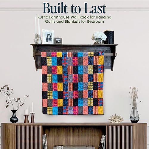 Miniatura 5 de RELODECOR Wall Mounted Quilt Rack with Shelf - Solid Pine Wood, Rustic Farmhouse Style Quilt Hanger for Bedroom & Living Room Decor