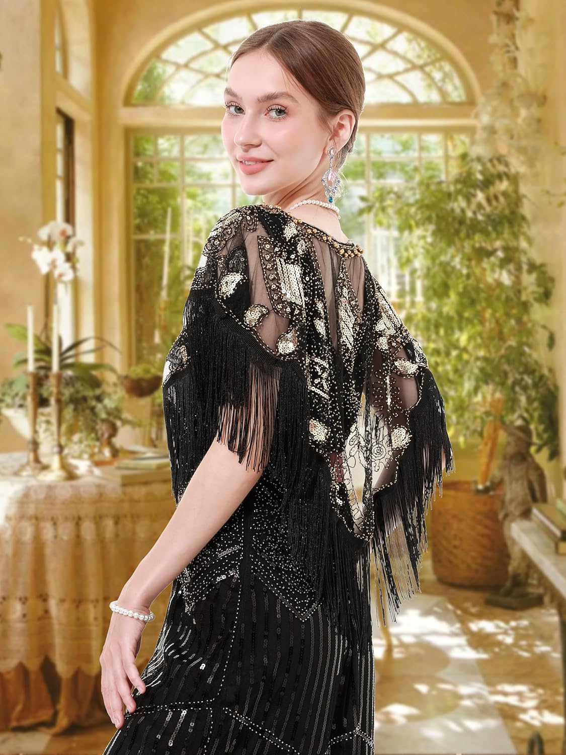 sy soul young 1920s Shawl Wrap Sequin Fringe Flapper shawl Cap for Women Evening Dress Wedding Gatsby Party Harlem Night - Image 3