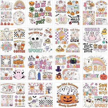 Halloween Rub on Transfers for Crafts - 16 Sheets Happy Halloween Iod Transfer Rub on for Furniture Decoration, Cute Ghost Skeleton Pumpkin Transfer Sticker for Wooden Furniture Holiday Party Decor