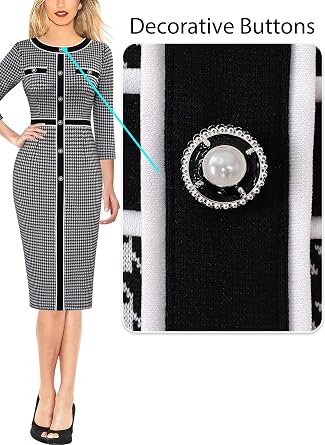 VFSHOW Womens Buttons Patchwork Work Business Office Party Bodycon Pencil Sheath Dress