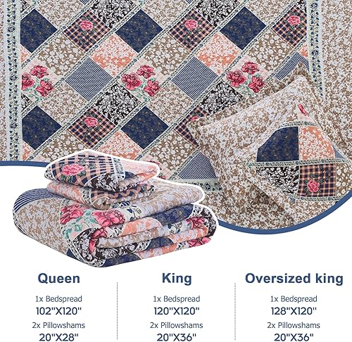 Miniatura 4 de Finlonte Colcha de tamaño King de gran tamaño, 100% algodón, juego de ropa de cama tamaño King, color marrón, azul marino, a cuadros, ligero,