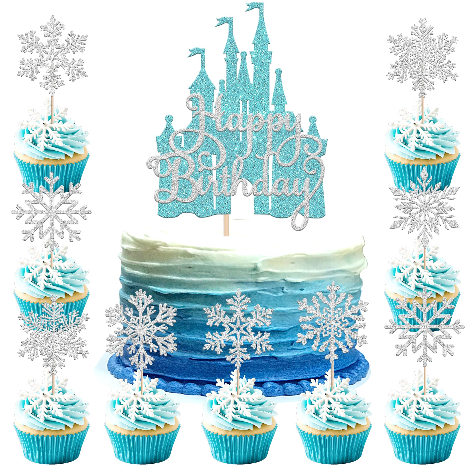 25 Stück Schloss Tortendeko Frozen Schneeflocke Cupcake Toppers Glitzer Winter Schneeflocken Kuchen Deko für Baby Dusche Hochzeit Junge Mädchen Geburtstag Party Kuchen Dekorationen Hellblau Silber