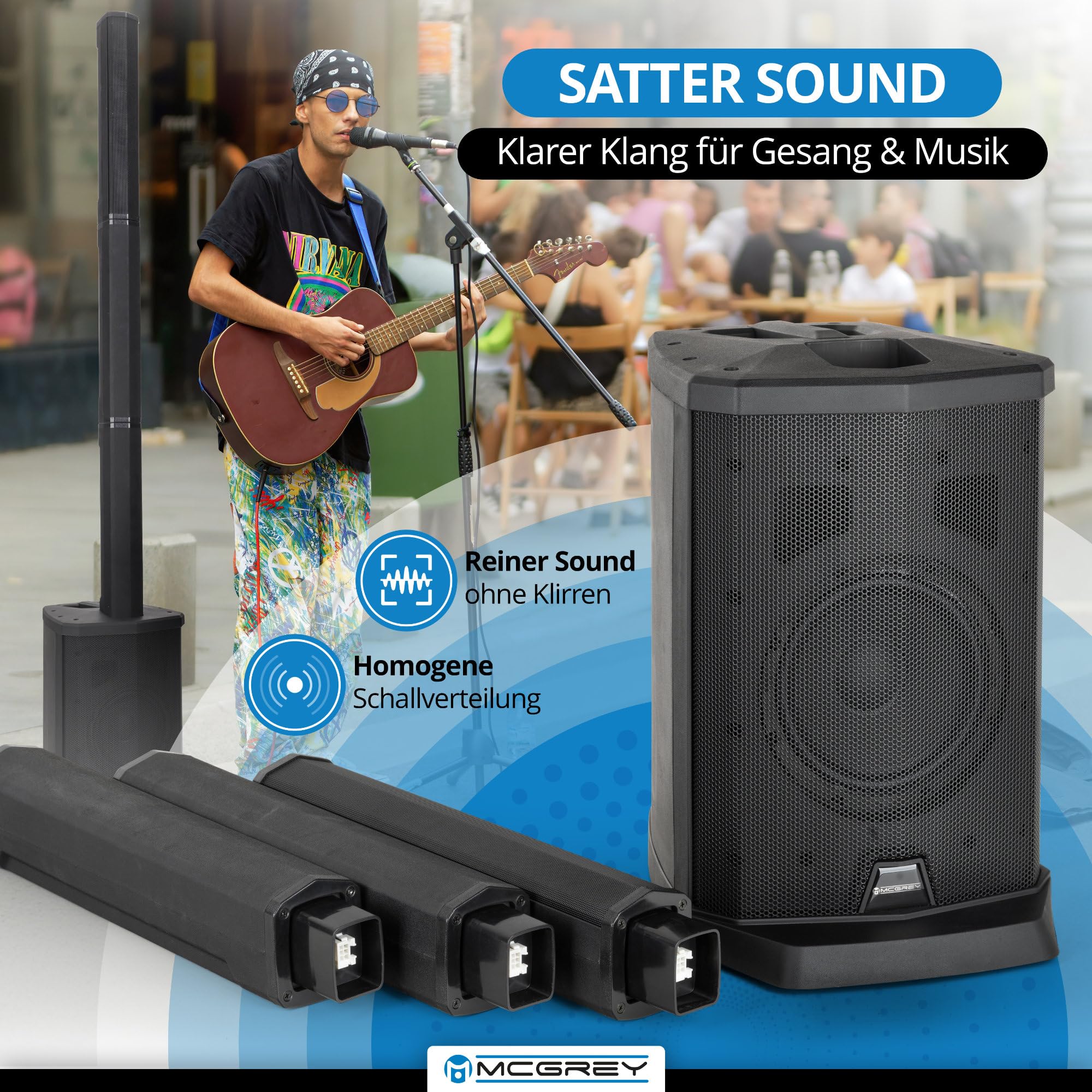 McGrey E-208LA Aktiv Line Array Säulenanlage Stereo Set 2x 100W RMS 8" Subwoofer 2,5" Lautsprecher Bluetooth Schwarz