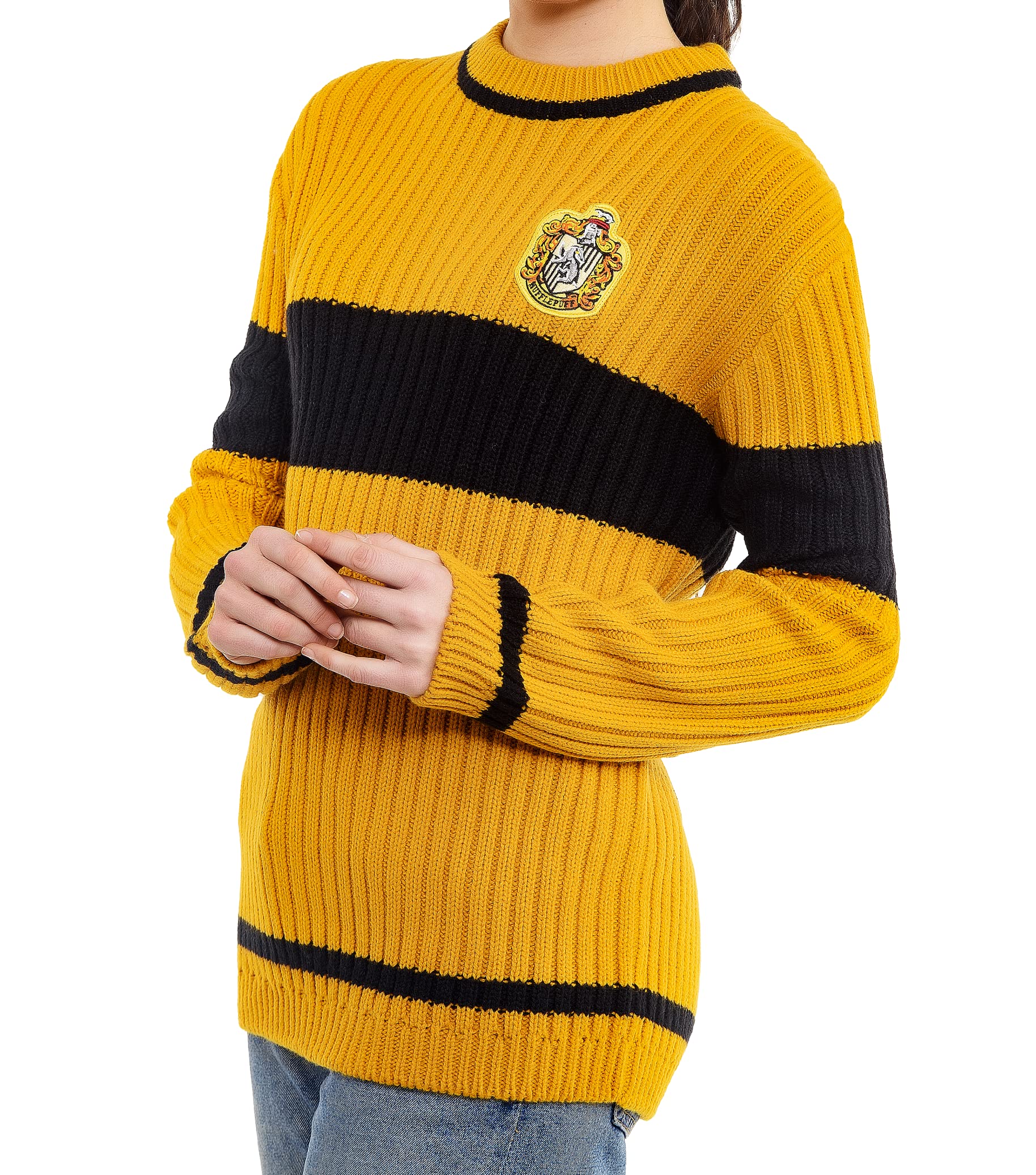 Merchoid Unisex Yellow, Black Harry Potter Hufflepuff Quidditch Jumper: Hogwarts House Hufflepuff Quidditch Uniform Replica Rib Stitch Knitted Crew Neck Jumper For Men And Women (Xs)