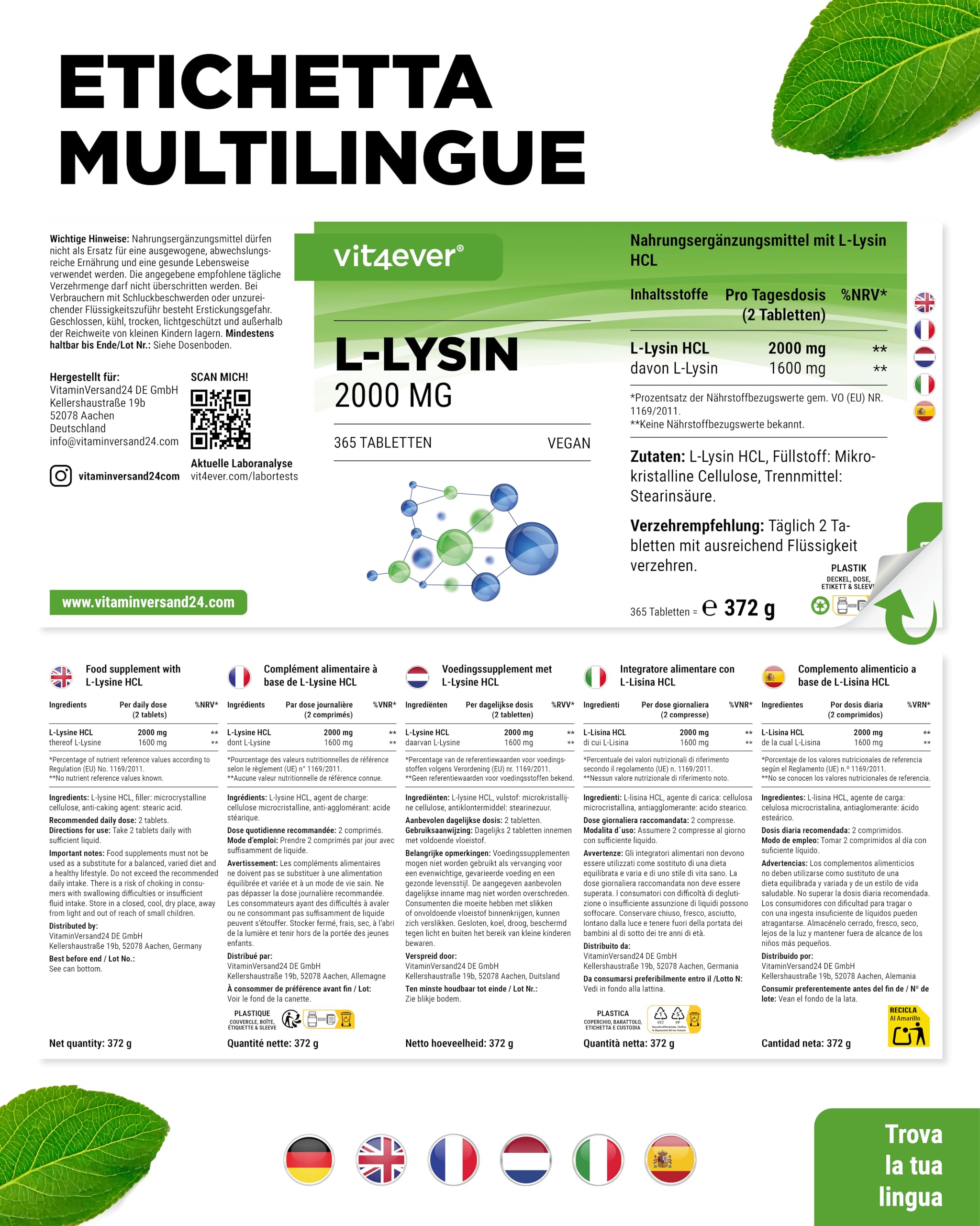 L-Lisina – 365 Compresse – Alto dosaggio con 2000 mg di L-Lisina HCL al giorno – Da fermentazione vegetale – Senza additivi indesiderati – Vegano