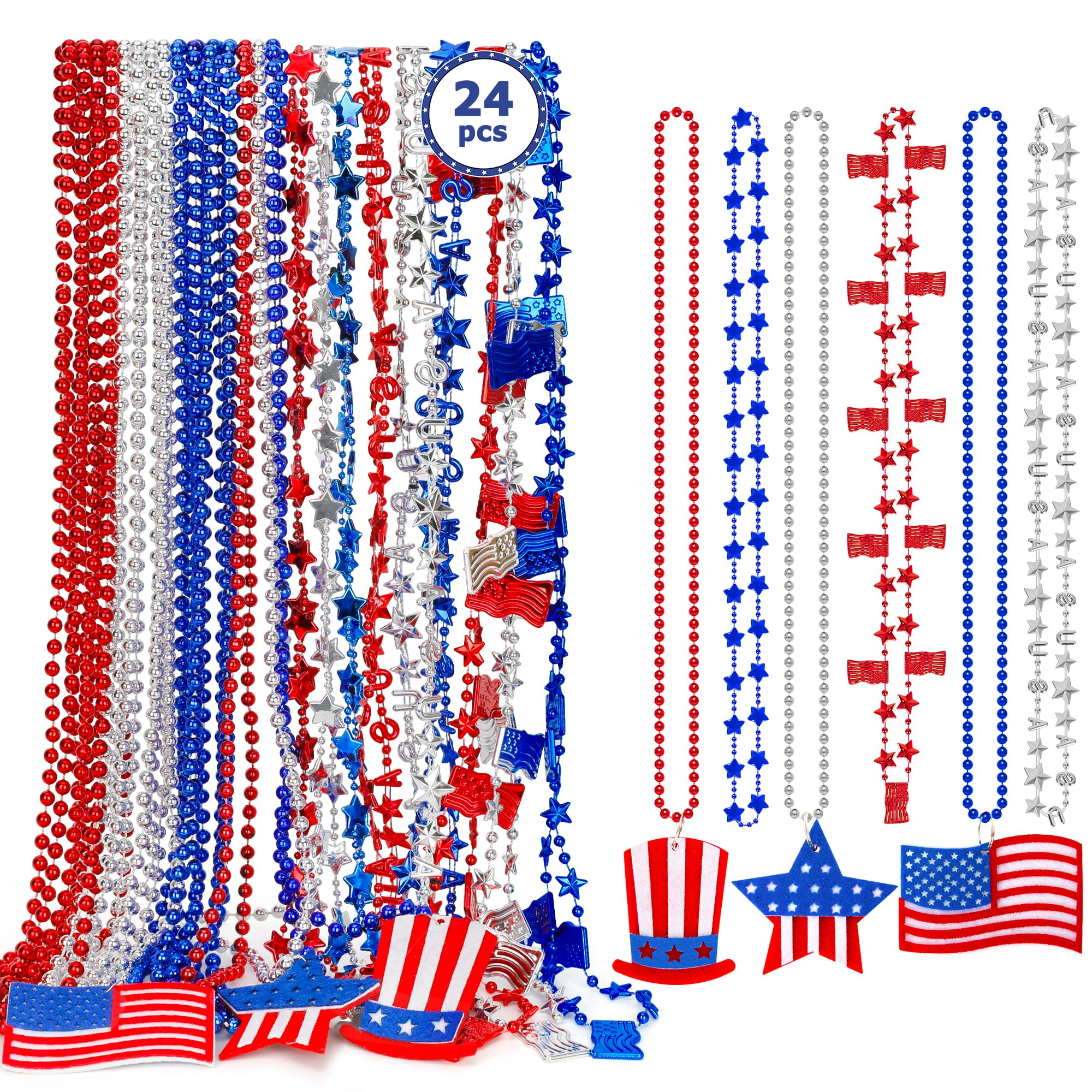 EOBOH 4th of July Necklace Accessories, 24PCS Independence Day Beads Necklaces Bulk, 15 Kinds Fourth of July Red Blue White Stars USA Flags Necklace, Patriotic Bulk for Parade Party Favors Decor