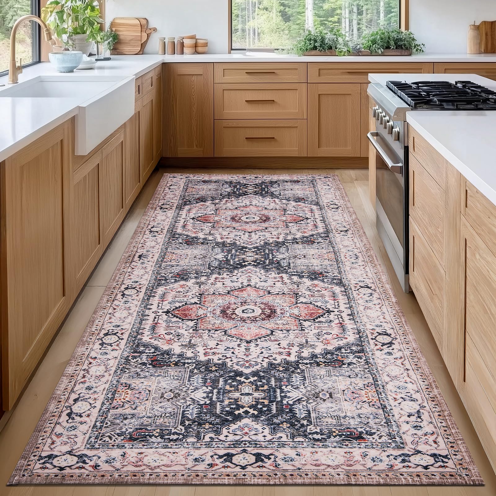 PURRUGS Vintage Farmhouse Boho Runner Rug 2'6" x 6', Non-Slip Machine Washable Rug, Accent Area Rug for Kitchen, Hallway, Entryway, Bedroom, Living