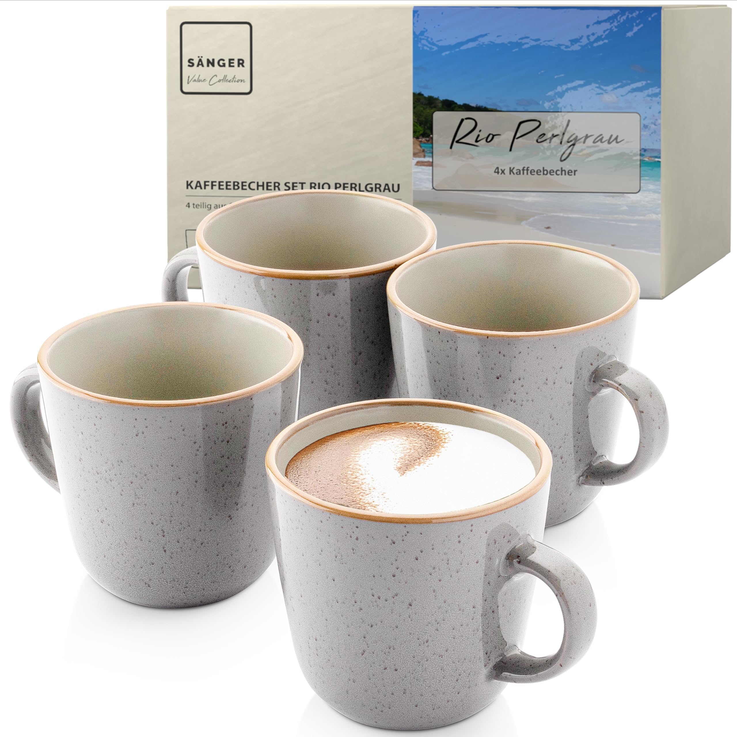 SÄNGER Rio Perlgrau | Kaffeebecher 4 teilig, Steingut Tassen Set für 4 Personen, Tassen multifunktional, spülmaschinen- mikrowellenfest, Teetasse, Kaffeetassen grau 430 ml | VALUE COLLECTION