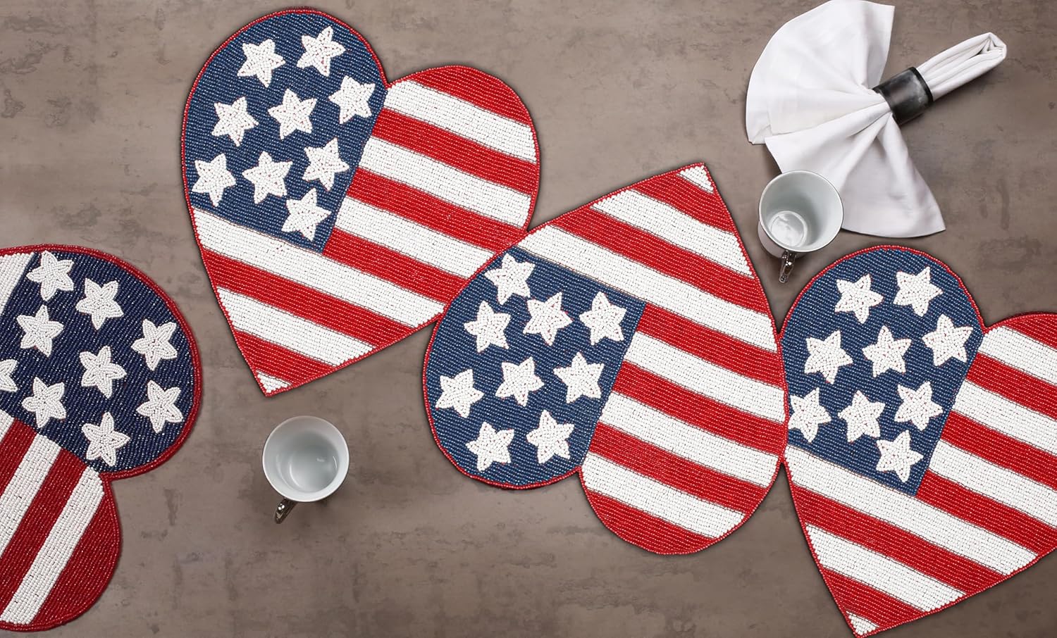 Lightnpro Beaded Table Runner 13x36 Inch - American Flag Design Heart Shape Patriotic Table Décor for 4th of July, Independence Day, Christmas Thanksgiving Holidays & Special Events - Red Blue White