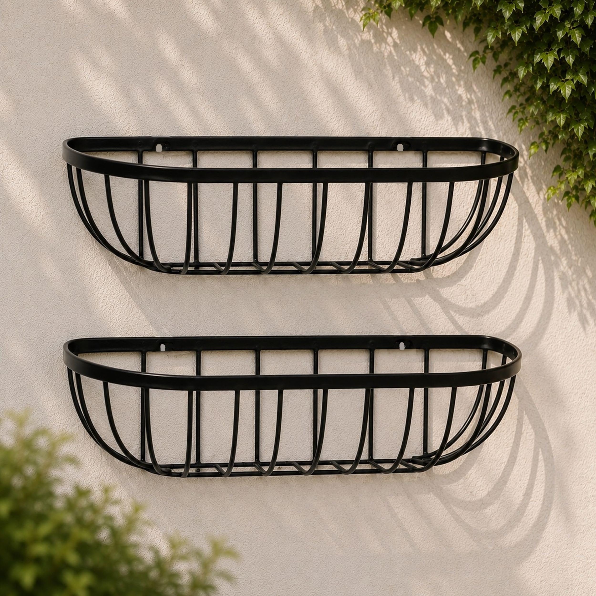 Shop4allsorts 2 x 24 Inch Metal Wall Trough Planter - Black Wrought Iron Wall Mounted Garden Flower Basket - Hanging Wall Trough For Outdoor - Decorative Garden Wall Basket Planter.