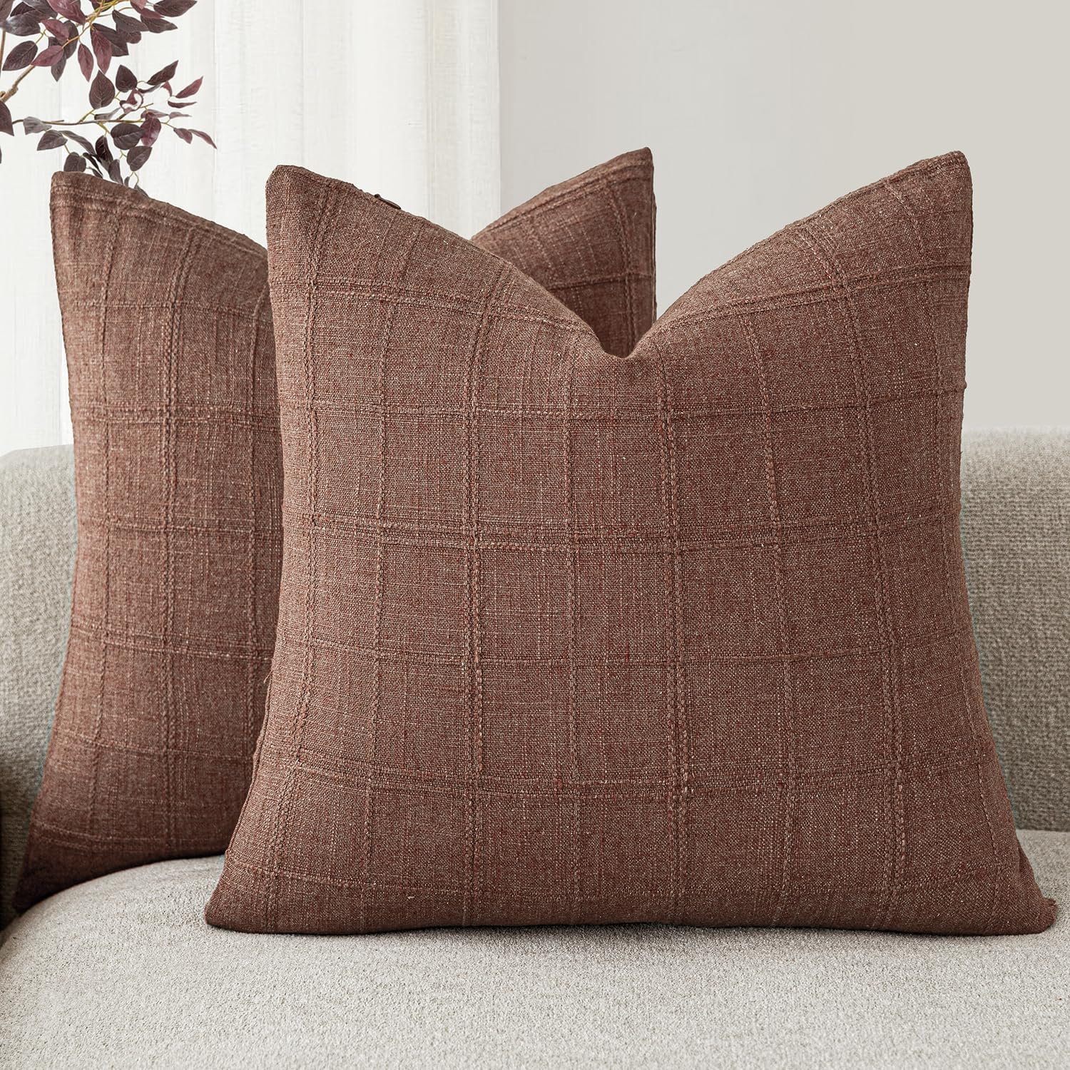 Foindtower Linen Check Decorative Throw Pillow Covers 24×24 Autumnal Red