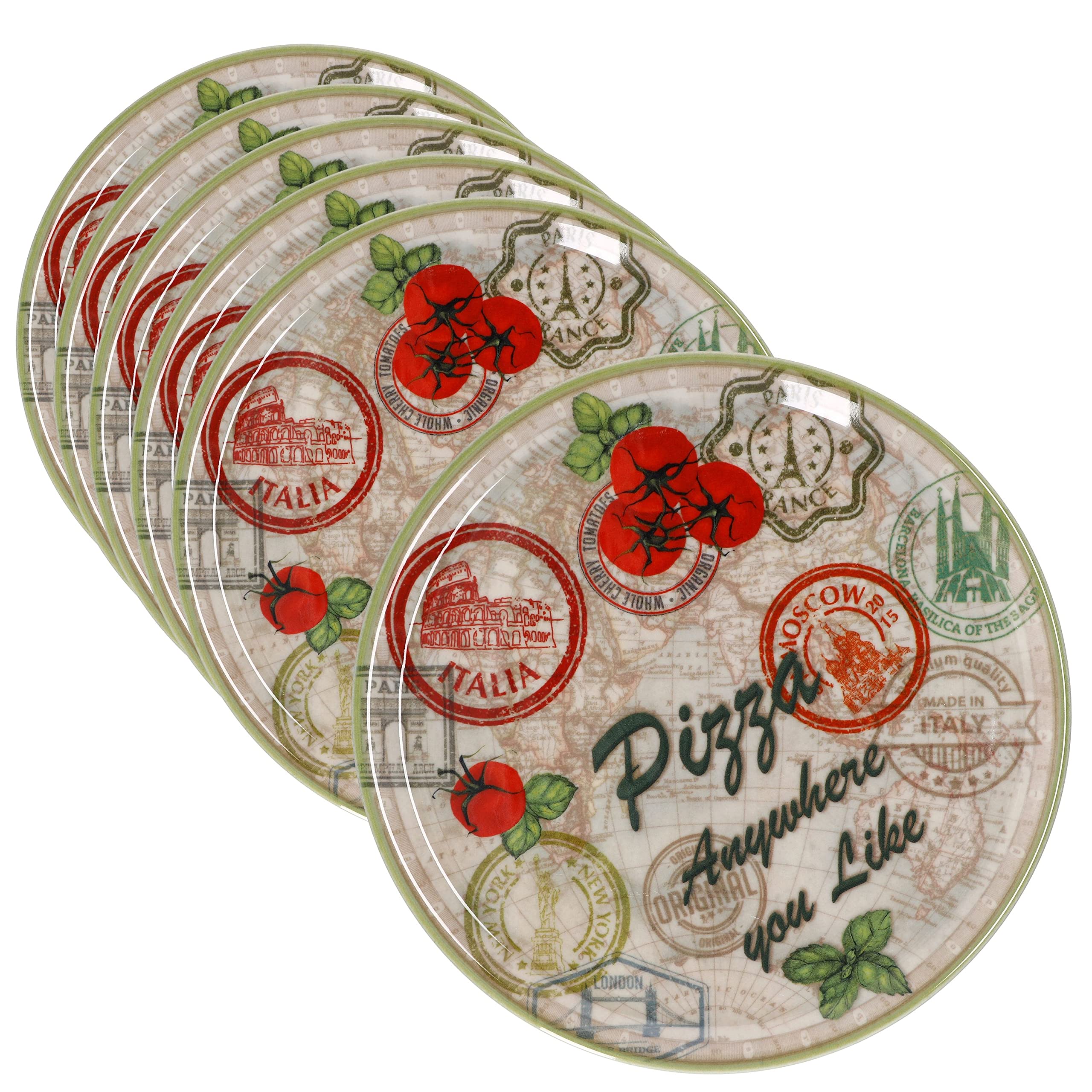 MamboCat Juego de 6 platos para pizza Moskau, color verde, diámetro de 33 cm, grande, para 6 personas, platos con motivos y texto, decorados, para pizzas o para servir