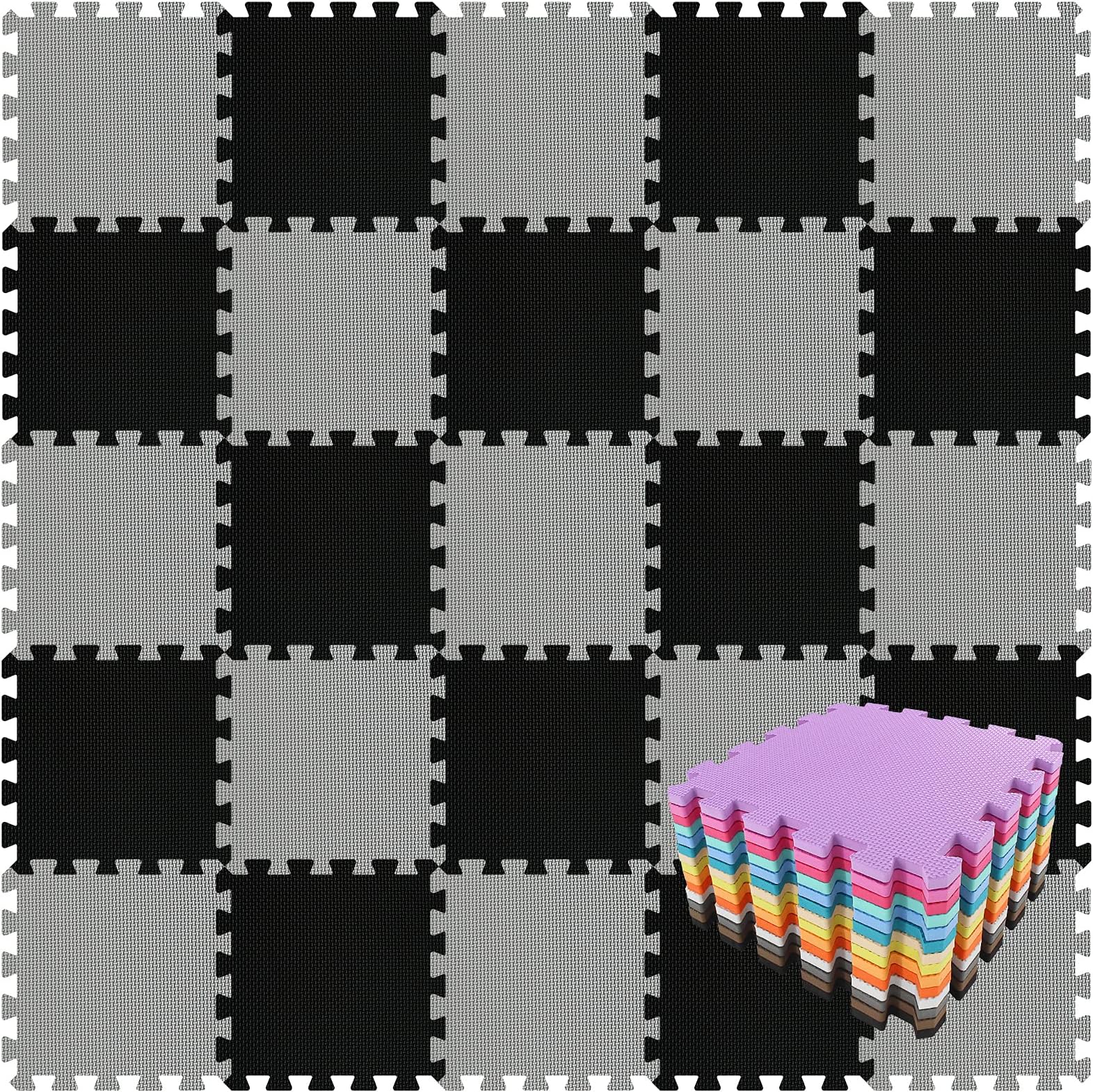 qqpp EVA Rubber 18 Tiles Interlocking Puzzle Foam Floor Mats - Baby Play Mat for Playing | Exercise Mat for Home Workout. Black, Gray. QC-DLb18N