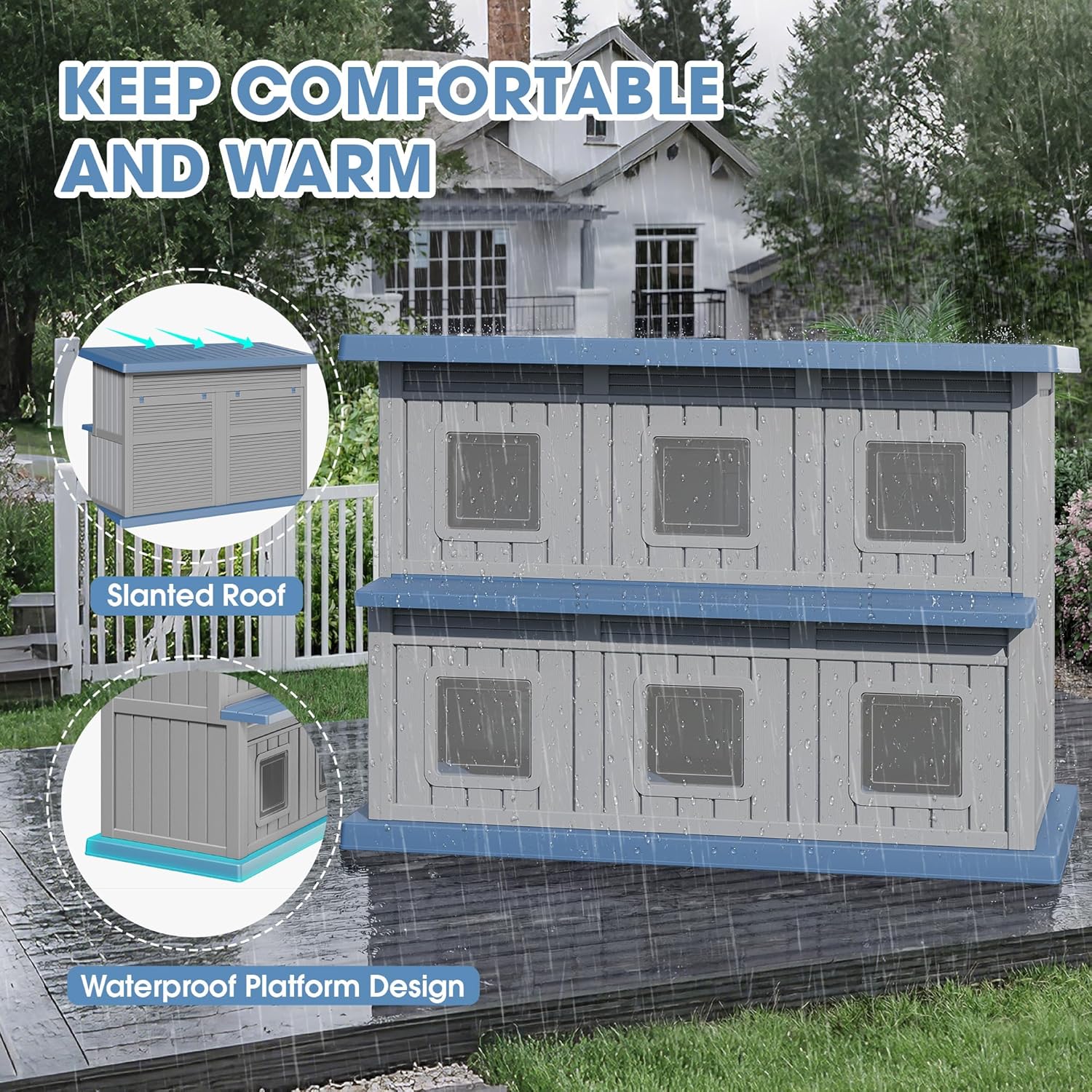 Weatherproof Outdoor Cat House for Feral Cats, 2 Storey Insulated Outdoor Cat Shelter with Escape Door, Sturdy Resin Large Outside Cat House