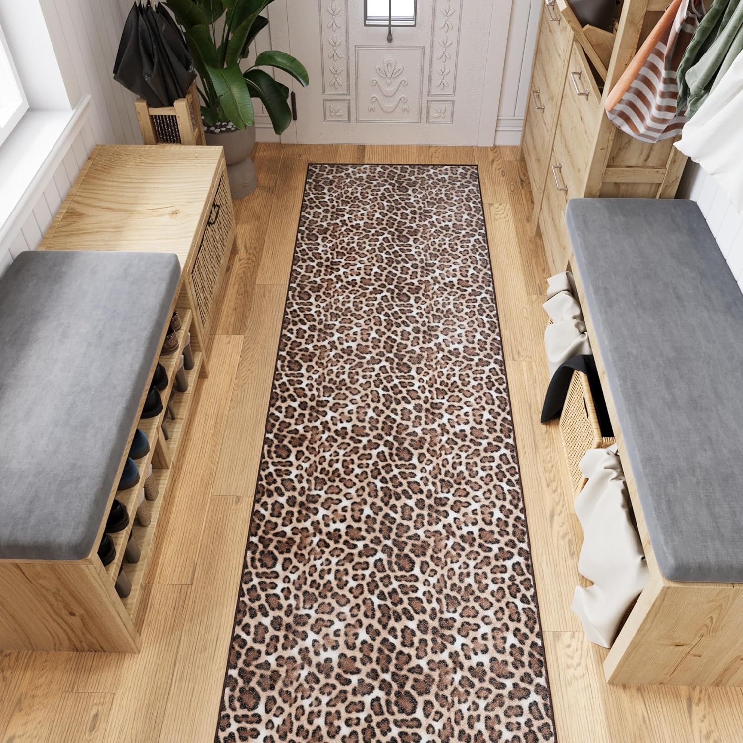 Ottomanson 3-Piece Machine Washable Indoor Doormat & Entryway Floor Mat Set, Non Slip Front Door Rugs, Low Profile, 31" x 24" + 31" x 48" + 31" x 60", Leopard Print Brown