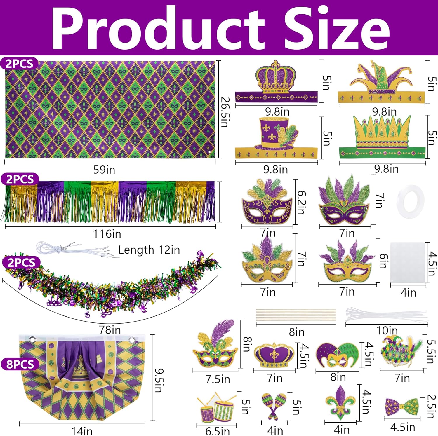 Tlswshsy 30 Pcs Mardi Gras Wagon Float Decoration, Mardi Gras Parade Float Decorating Kit Includes Purple Gold Green Fabric Background Metallic Fringes Garland Crown Mask Props for Party Supplies