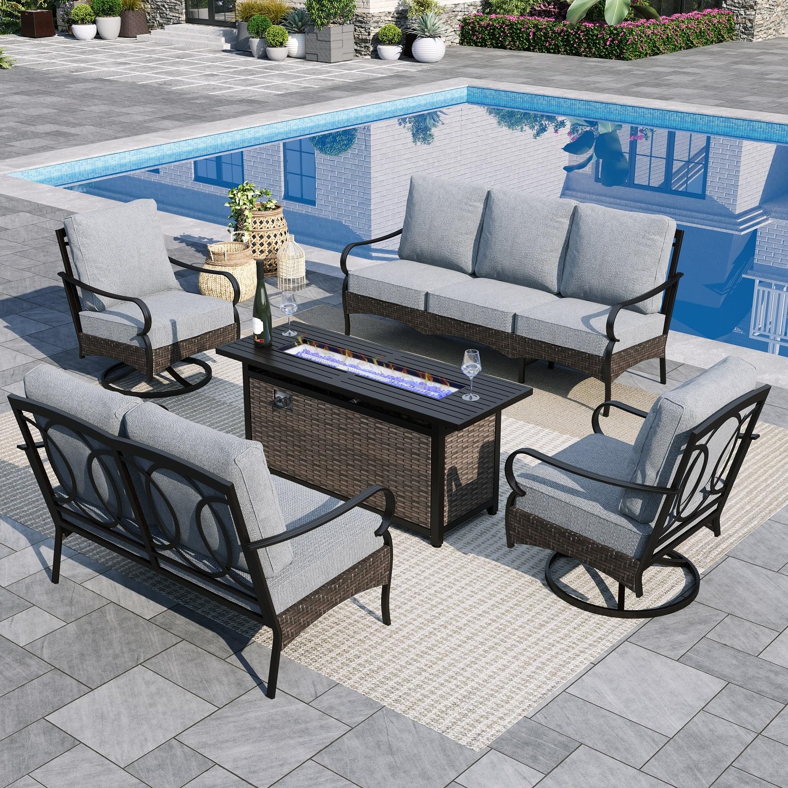 Sophia & William Patio Furniture Set with Fire Pit Table, 4PCS Metal Outdoor Conversation Set with Fire Pit Table, 2 Swivel Chairs,1 Loveseat,3-Seater