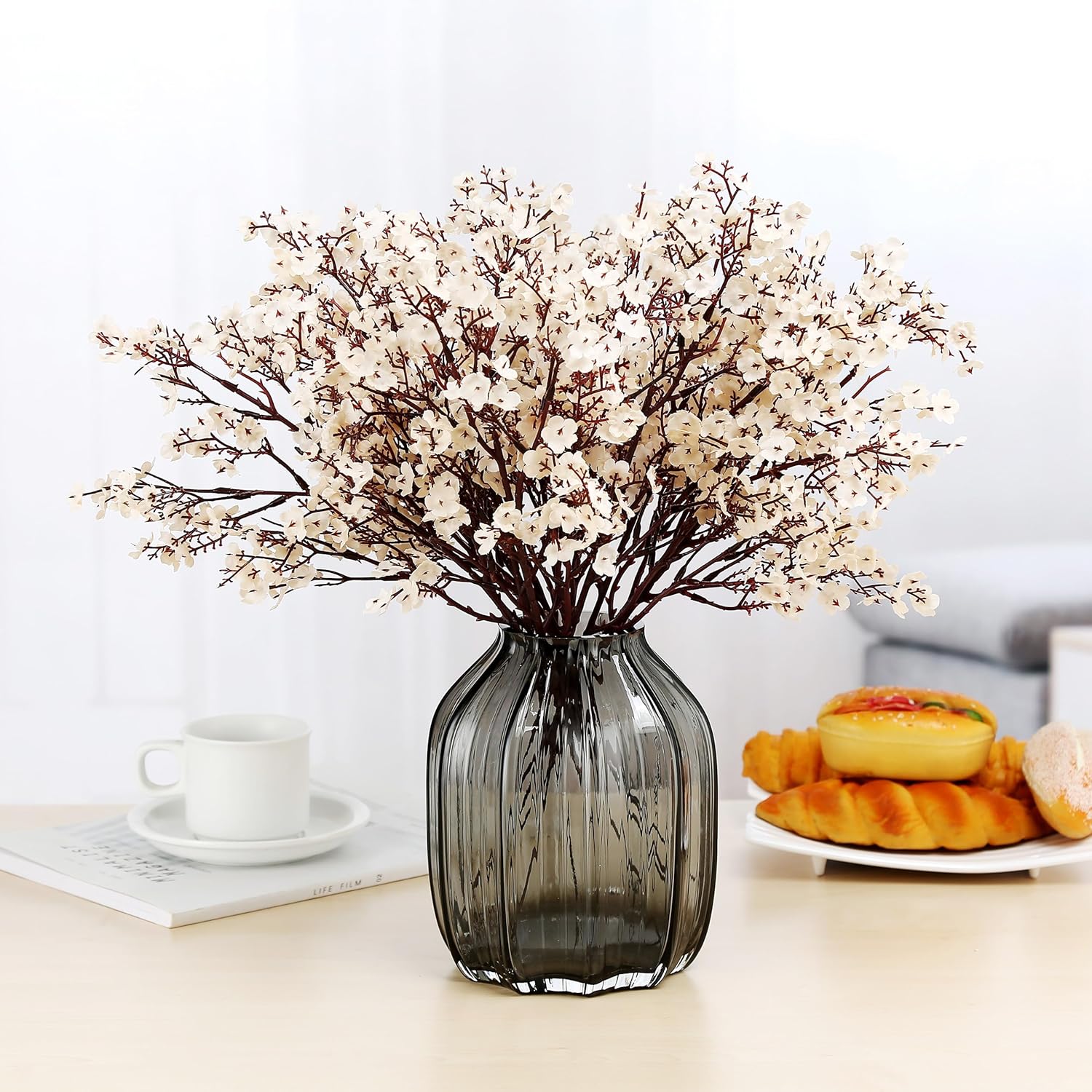 JAKY-Global Babys Breath Fabric Cloth Artificial Flowers 20 Bundle European Fake Silk Plants Decor Wedding Party Decoration Bouquets Real Touch DIY Home Garden (Beige, 20 Bundles)