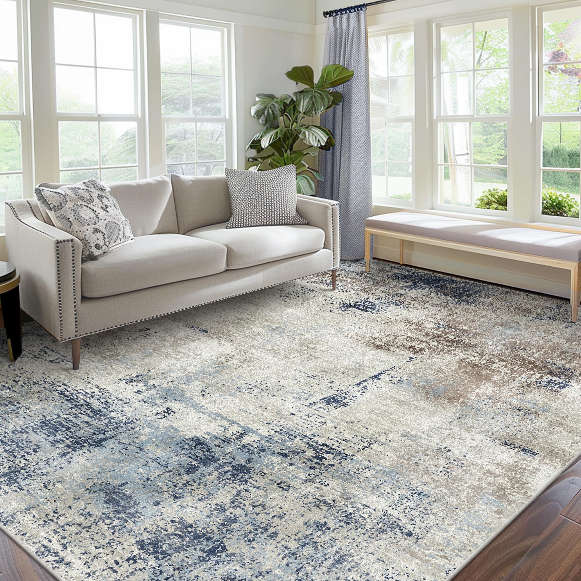 Area Rugs 8x10 Machine Washable Rug for Bedroom Living Room, Large Modern Abstract for Dining Room, Indoor Low Pile Carpet Soft Rugs with Non Slip Rubber Backing, Abstract Blue Gray