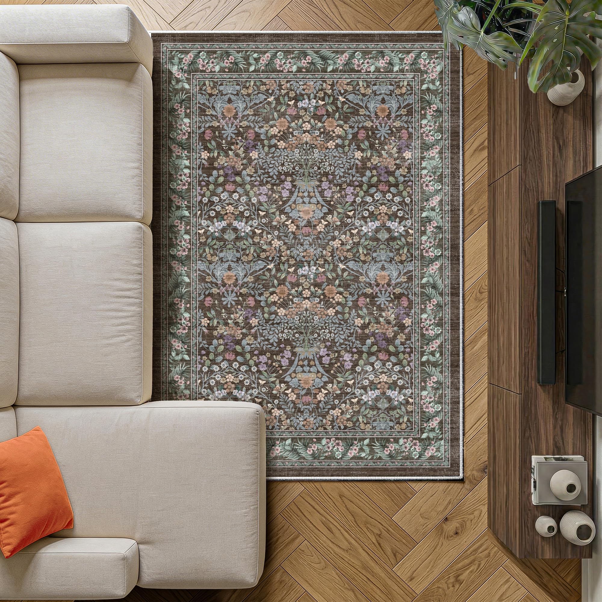 Decoranddecor Floral Rug Living Room, 120x170cm – Low Pile, Pet Friendly, Modern Contemporary Design Bedroom Easy Clean Durable Carpet – Orlina — image 1