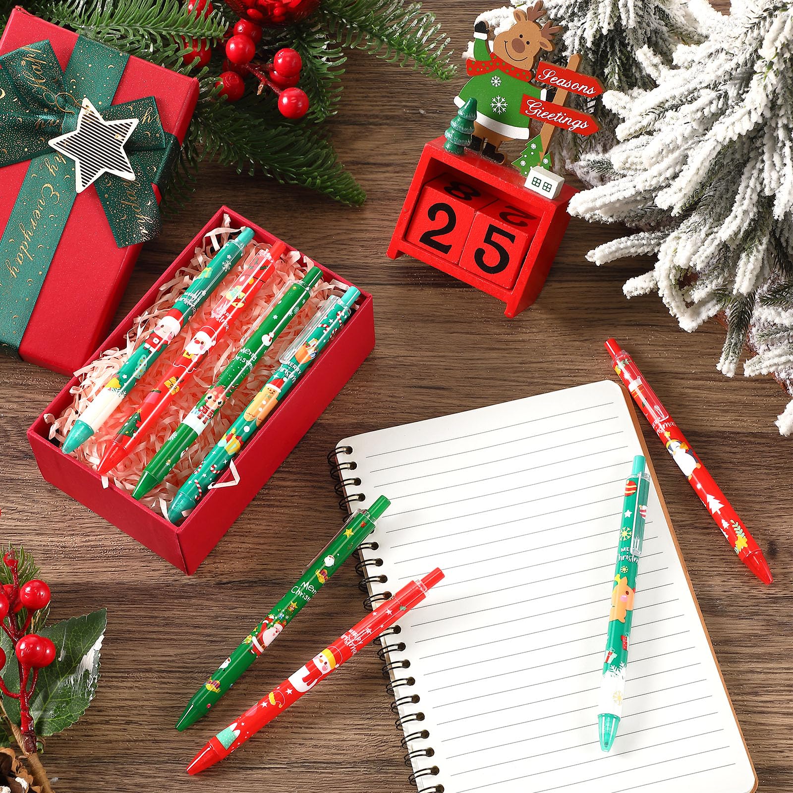 Clabby 48 Pièces Stylos à Bille Cadeau de Noël Stylos Gel Noirs Stylo de Noël pour Famille Bureau Université Cadeau de Papeterie Stylo à Bille de Noël pour Collègues Professeurs