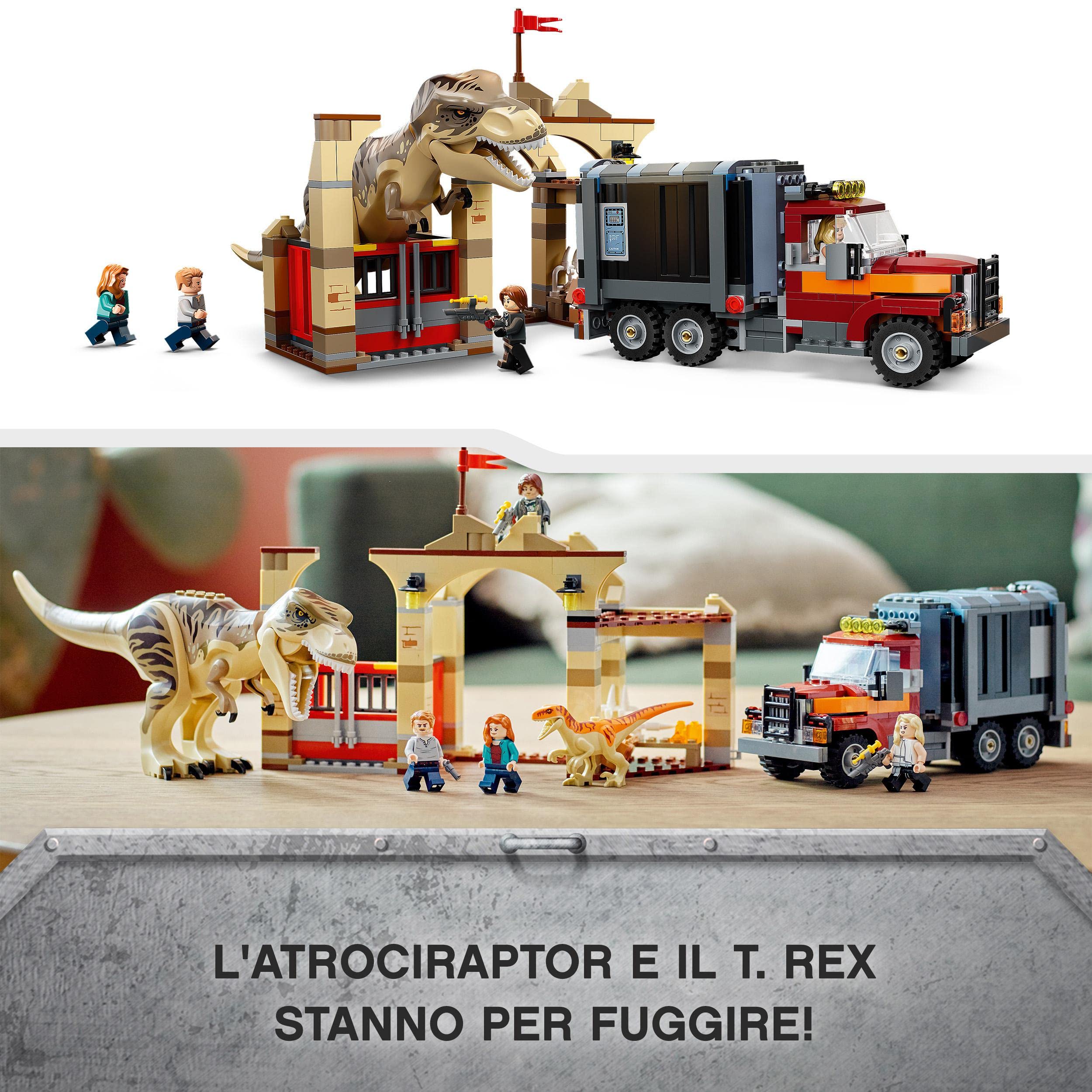 LEGO 76948 Jurassic World La Fuga del T. rex e dell’Atrociraptor, Giochi per Bambini dai 8 Anni in su con 4 Minifigure, Camion e Dinosauri Giocattolo