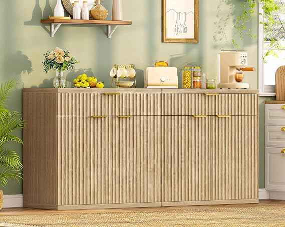TEENFON 31.5 W Fluted Buffet Cabinet with Storage, Sideboard Cabinet, Coffee Bar Cabinet with 2 Doors and Adjustable Shelf for Living Room, Kitchen, Entryway, Natural
