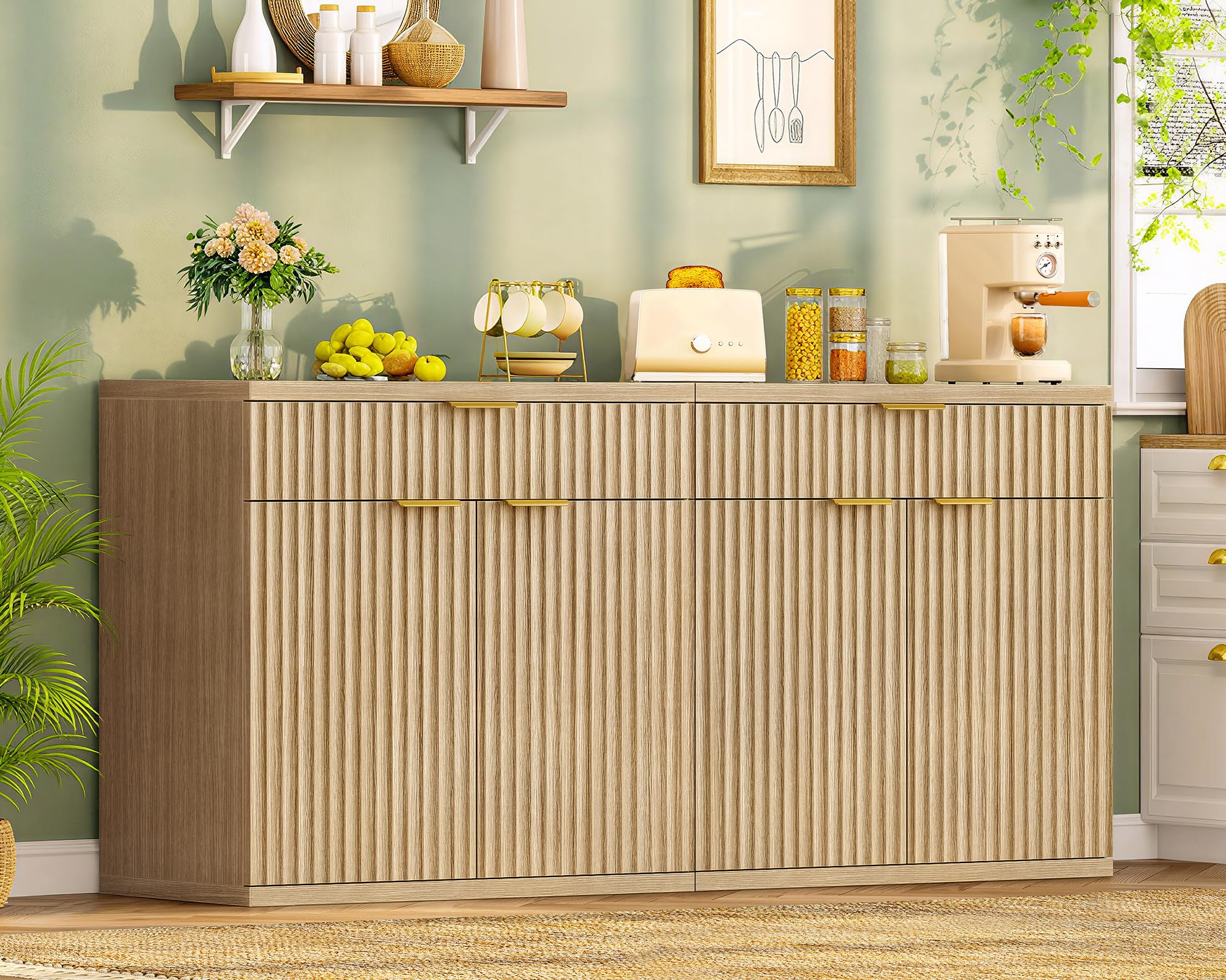 TEENFON Fluted Buffet Cabinet with Storage, 63" Sideboard Cabinet, Coffee Bar Cabinet with 2 Doors and Adjustable Shelf for Living Room, Kitchen, Entryway, Natural