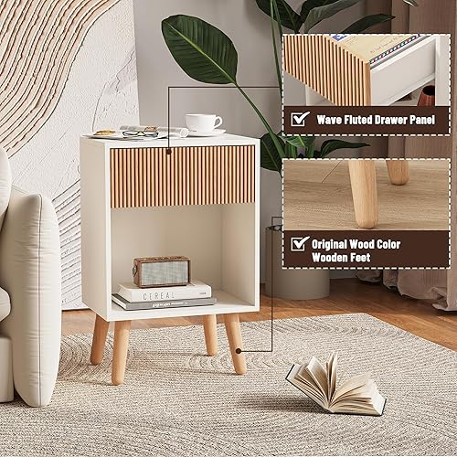 Miniatura 4 de Mesita de noche acanalada, moderna mesita de noche con cajones de almacenamiento y estante de madera abierta, mesita de noche con patas de madera