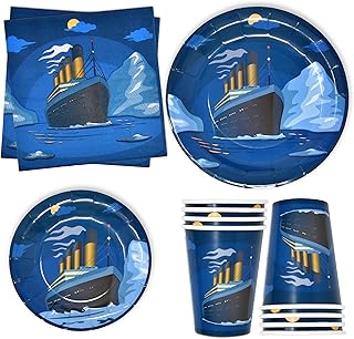 Titanic Ship Party Supplies Tableware Set 24 9" Paper Plates 24 7" Plate 24 9 Oz Cup 24 Lunch Napkins For Titanic Shipwreck Crash In Iceberg Sinking In Ocean Theme Birthday Disposable Dinnerware Decor