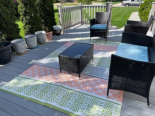 Miniatura 6 de BalajeesUSA Alfombras de plástico de alta calidad para patio, 6 x 9 pies, verde, naranja, premium y asequible, multiusos, paja de plástico tejida,