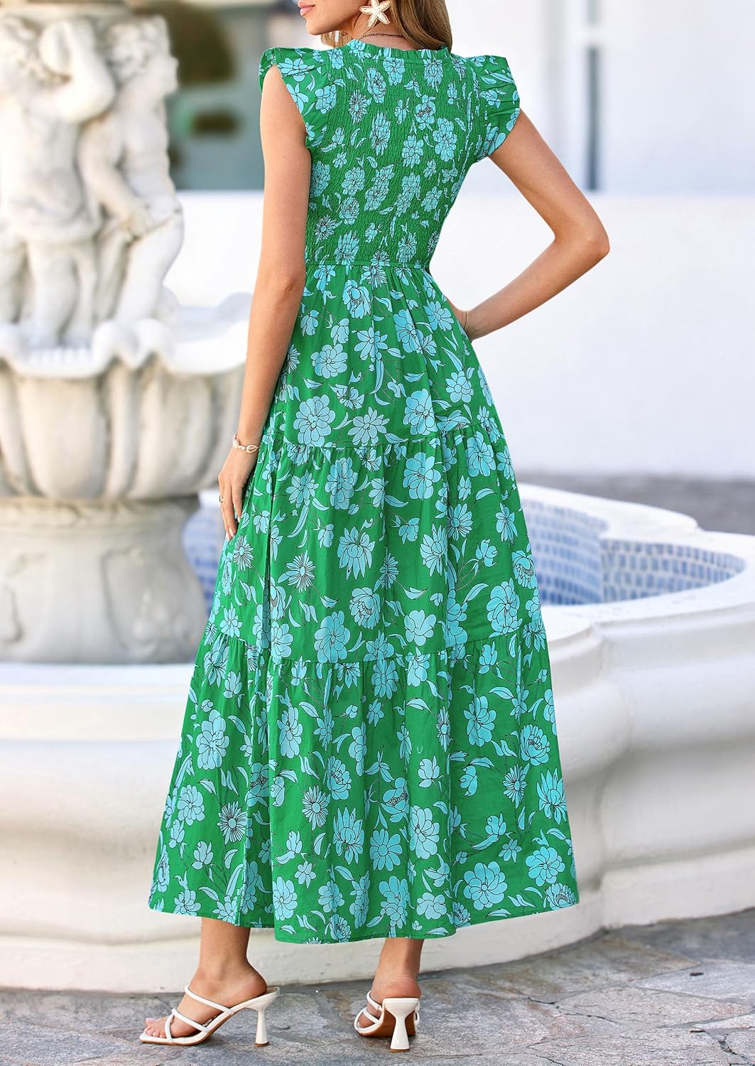 PRETTYGARDEN Women's Boho Floral Maxi Dress 2026 Summer Smocked V Neck Ruffle Sleeve Spring Flowy Beach Vacation Sundresses
