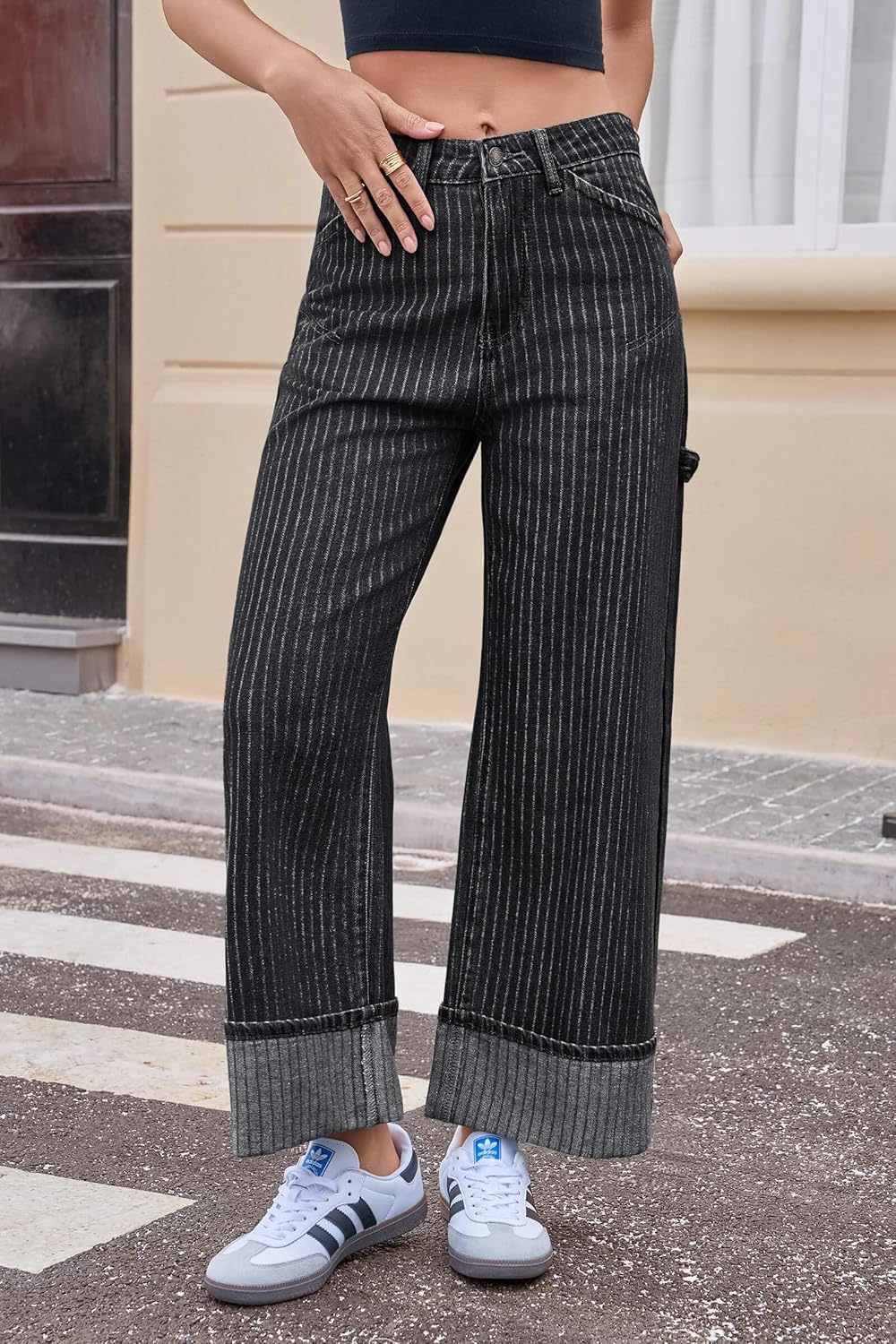 Cicy Bell Womens Striped Wide Leg Jeans Baggy Boyfriend High Waisted Cuffed Denim Pants with Pockets - Image 3