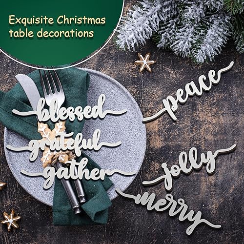 Miniatura 6 de 12 piezas de Navidad con recorte de madera con recorte de madera con texto en inglés "Joyful Merry Thankful Grateful Blessed Peace Gather", letrero