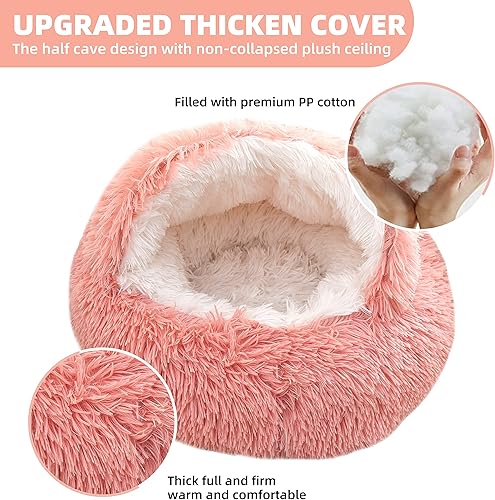Miniatura 3 de Cama para gatos redonda y esponjosa con capucha para gatos, con funda de felpa no plegada, cama para gatos de interior, camas calmantes para perros