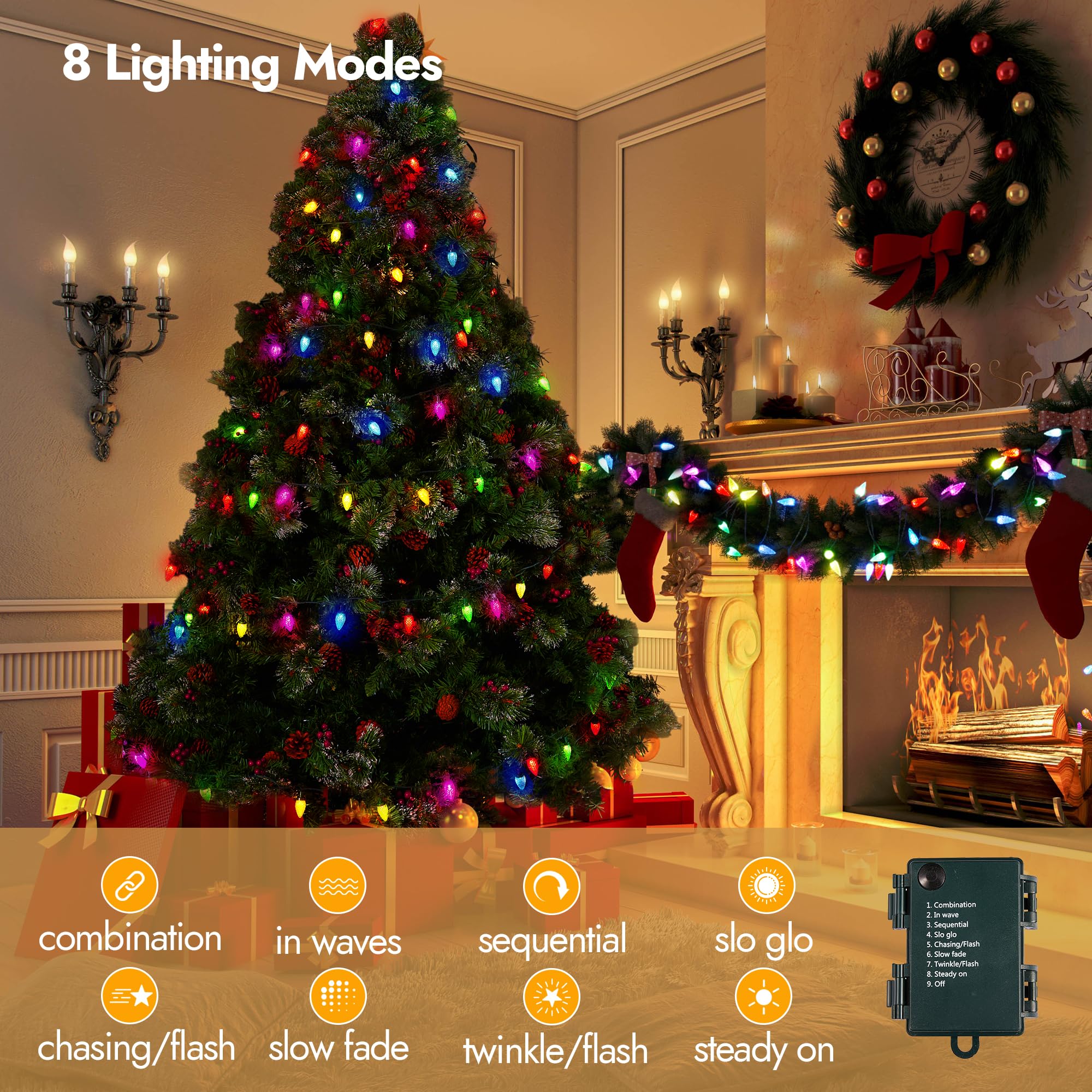 WBao Luces de Navidad C6, 100 luces LED de 33 pies, funciona con pilas, con 8 modos, temporizador, diseño impermeable para árboles de Navidad en interiores y exteriores, valla, escaleras, decoraciones