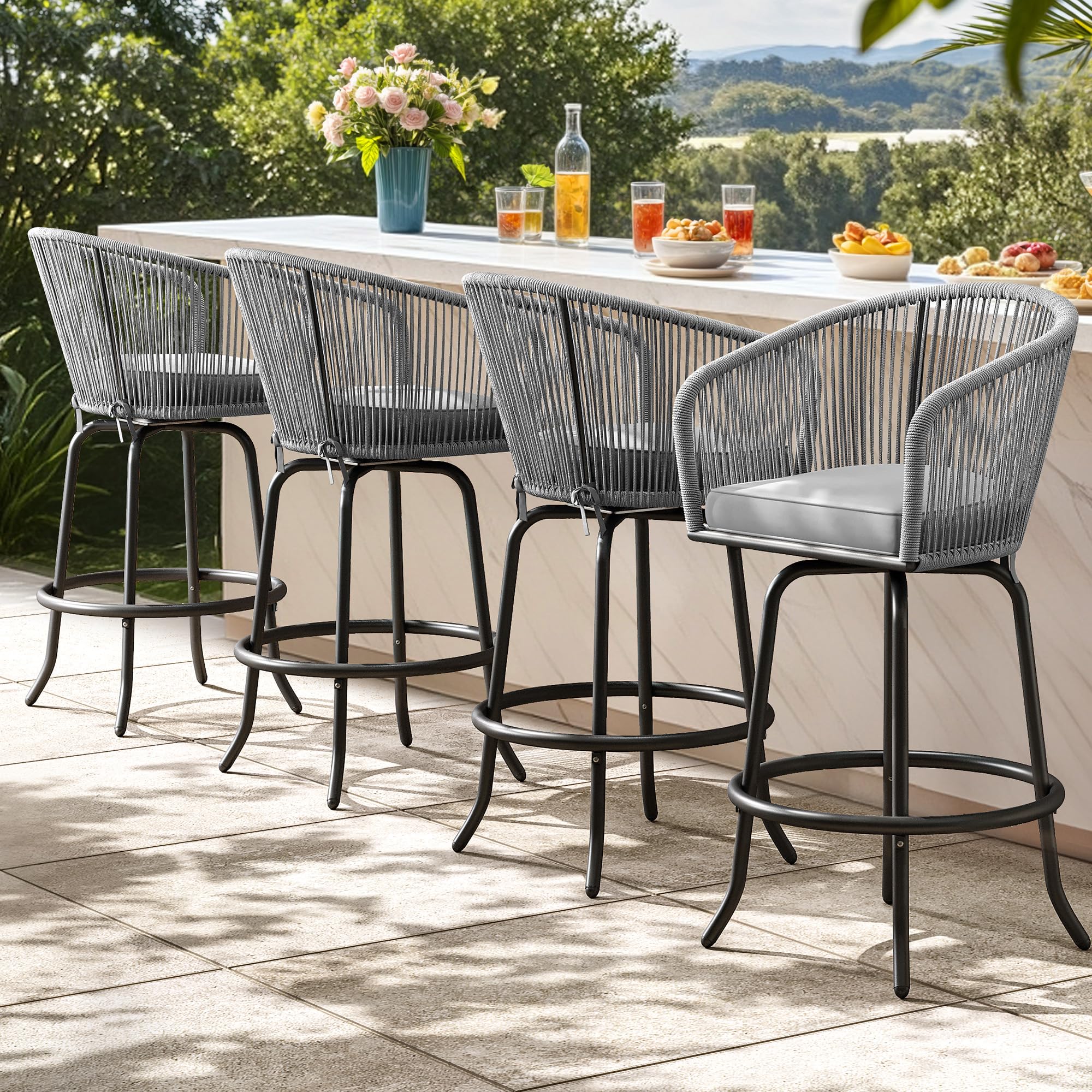 Photo 1 of YITAHOME Counter Height Bar Stools Set of 4, Outdoor Bar Stools with Soft Cushions, Patio Rattan Swivel Bar Chairs for Backyard Poolside, Garden w /360 Rotation (Gray)