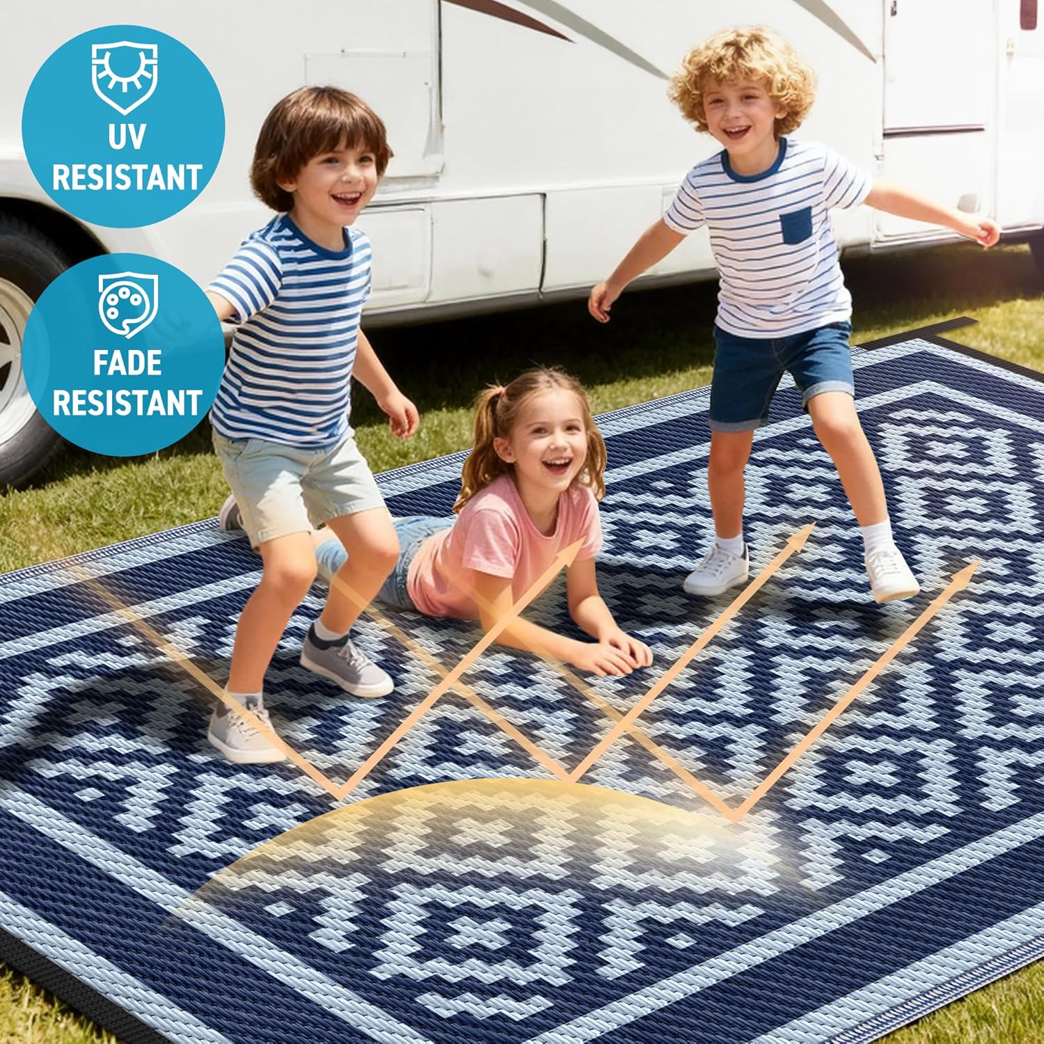 Kohree RV Outdoor Rug 9x12 Reversible, Waterproof Patio Mat with 4 Stakes & UV Fade Resistant, Non-Slip Outdoor Camping Mat for Deck, Picnic, Backyard, Includes Carry Bag (Blue)